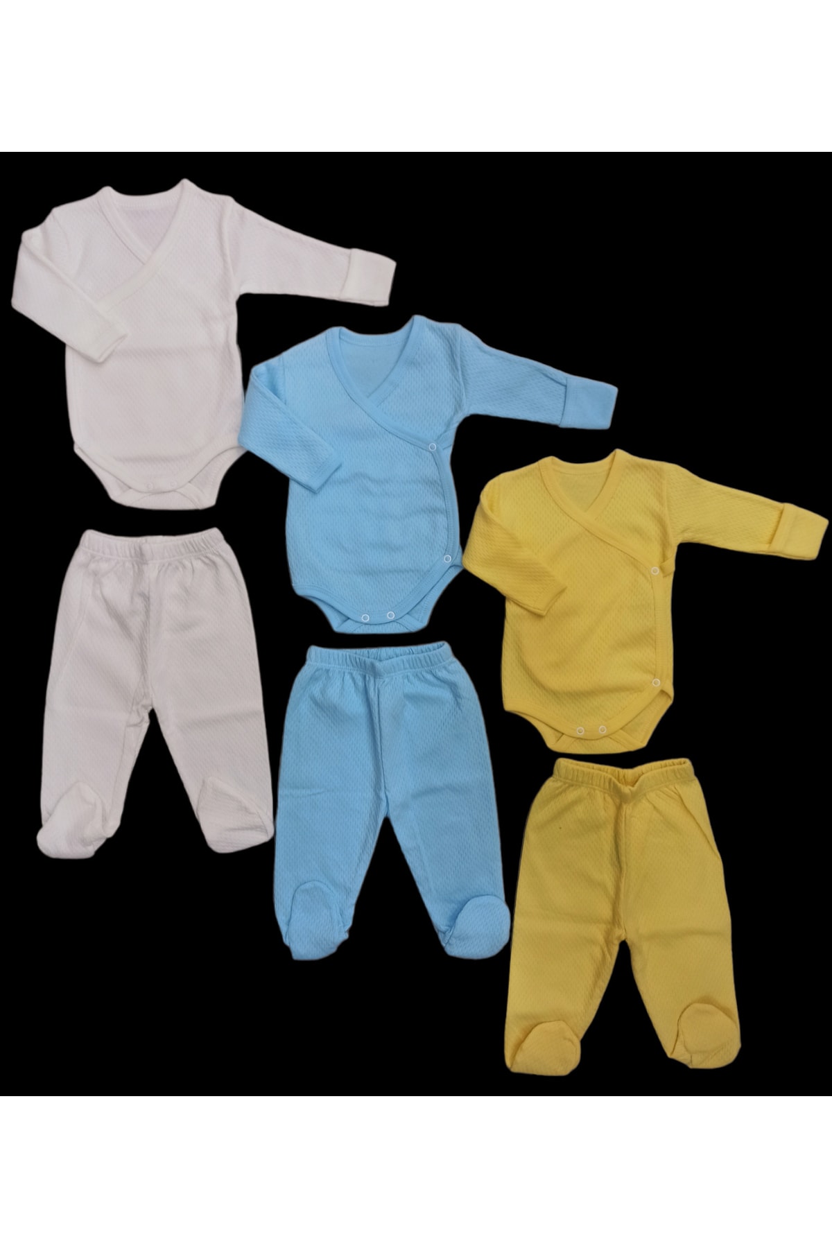  دستکش‌های آستین بلند، تاپ و شلوارک دو دکمه جلو چسبان و پایین‌تنه (۳ ست کرم-آبی-زرد)