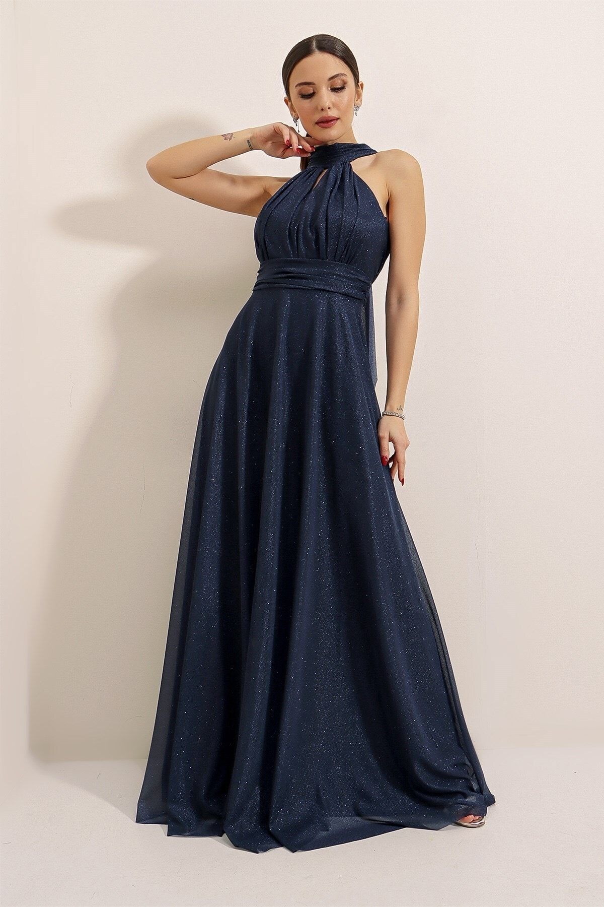 Dark blue halter top long gown clearance