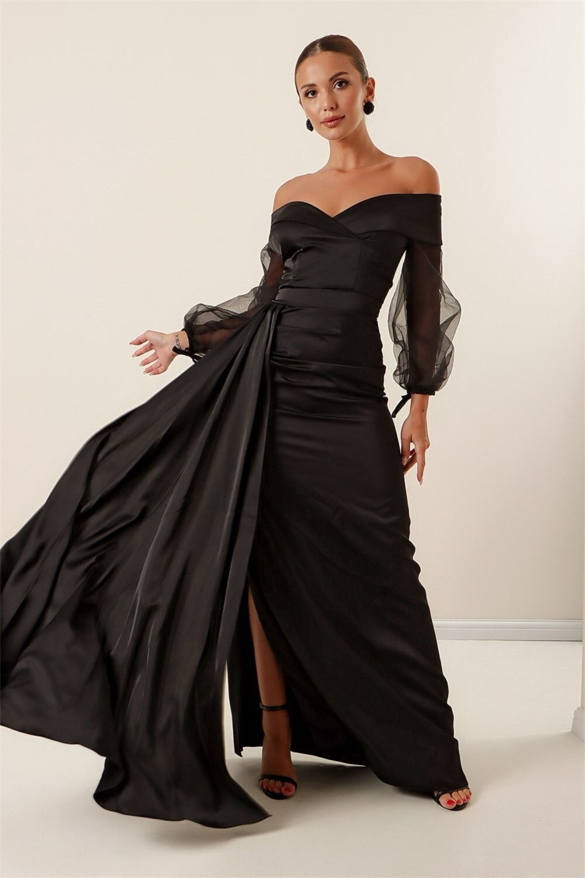 By Sayg Madonna Neckline Lined Organza Sleeve Crepe Satin Long Dress Black