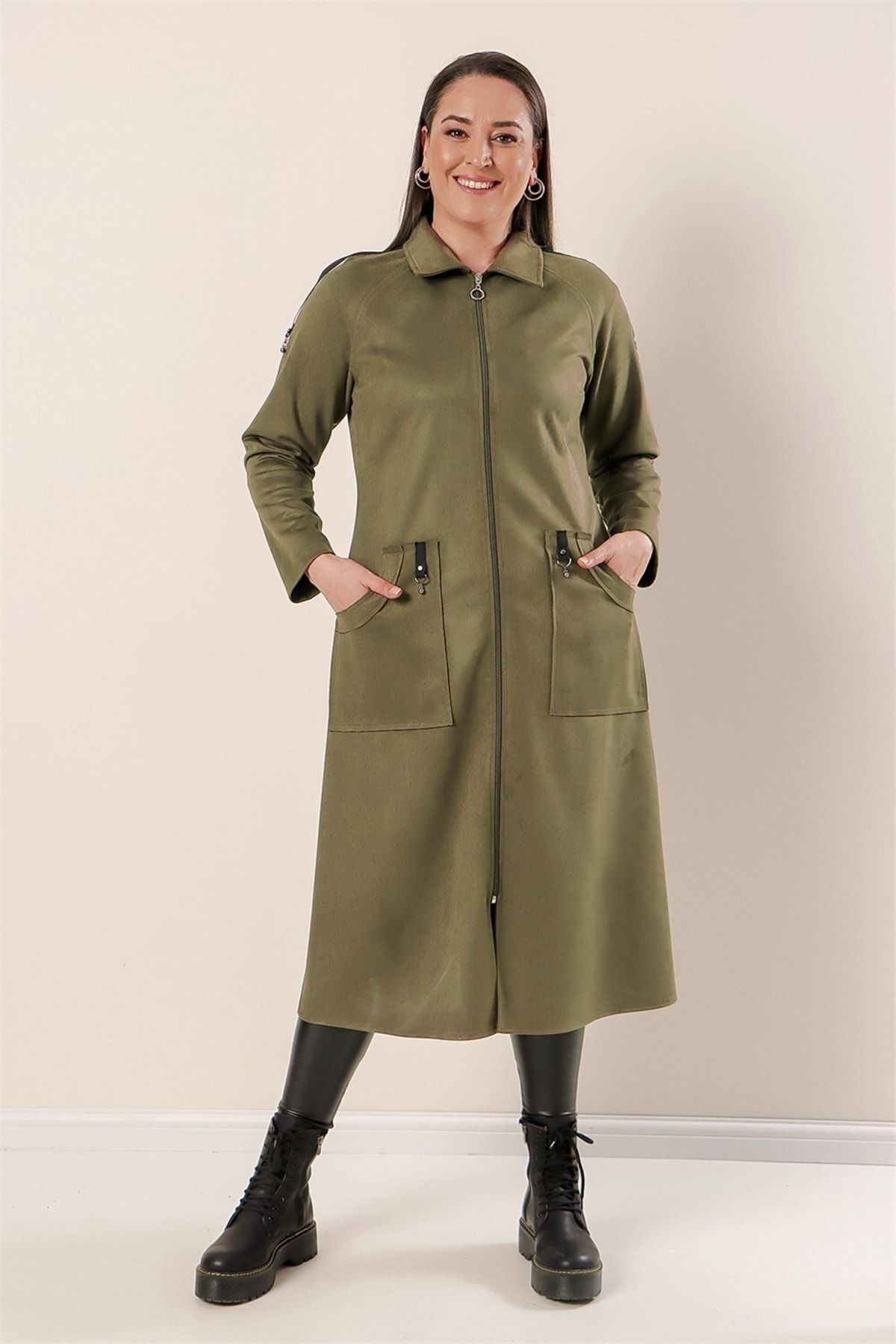 By Sayg Plus Size Suede Coat Khaki with Stripes on the Shoulders