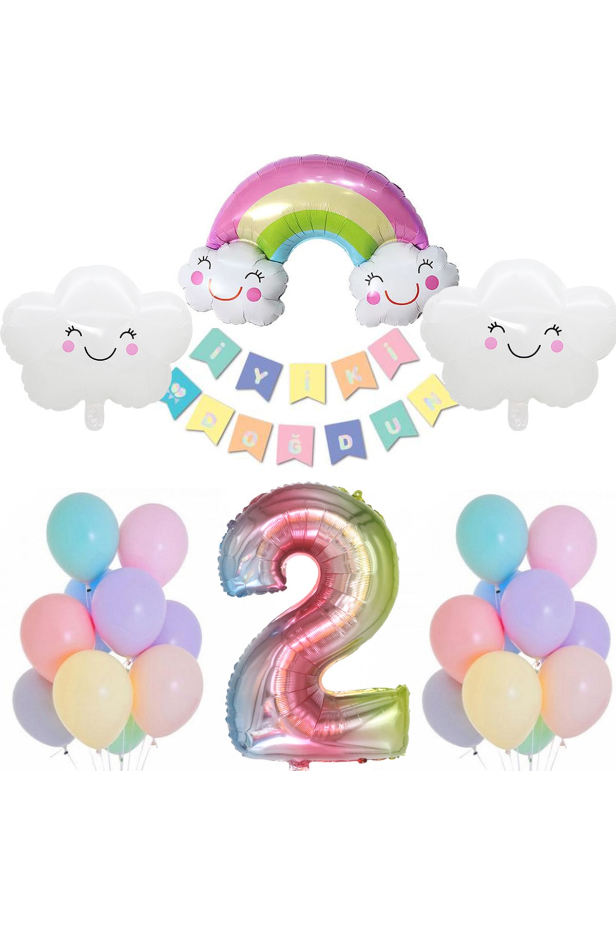 Patladı Gitti Gökkuşağı Bulut Konsepti 2 Yaş Doğum Günü Parti Kutlama Seti