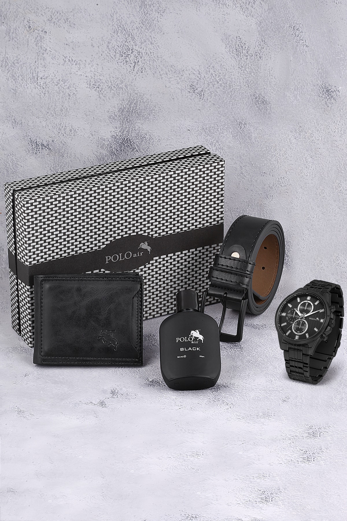 Polo Air Erkek Kol Saati Kemer Cüzdan Kartlık Parfüm Hediyelik Kutusunda Kombin Siyah Set