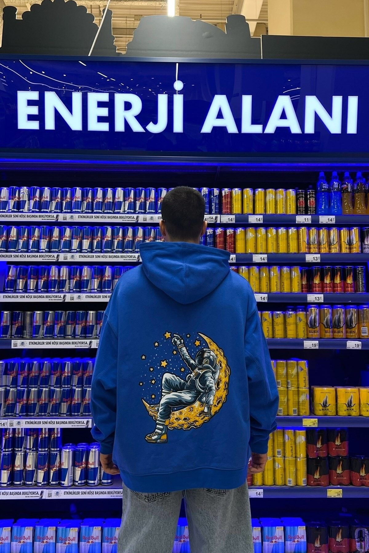 Flaw Wear Moon Sırt Baskılı Saks Mavisi Içi Pamuklu Oversize Hoodie
