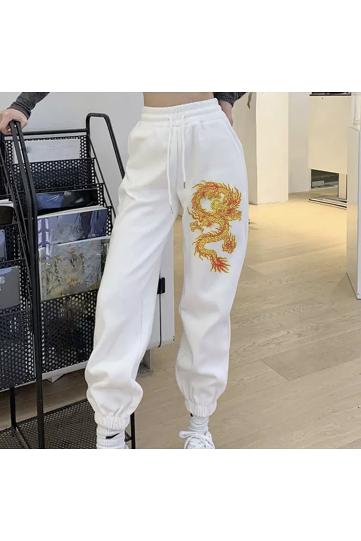 Plus Size Special Design Yellow Dragon Printed 100% Cotton Winter Women's Sweatpants