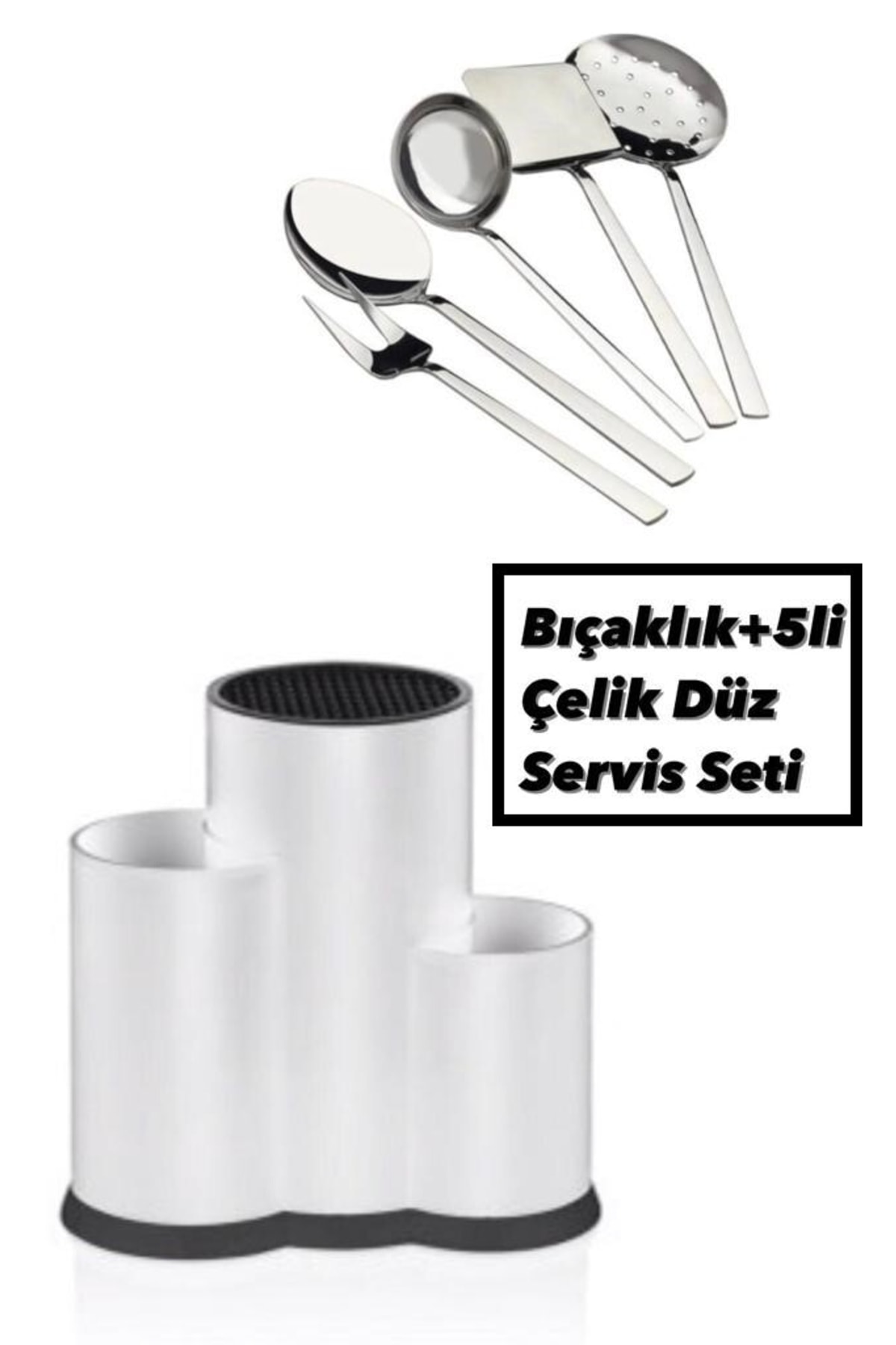 Bayev Beyaz Tezgah Üstü Bölmeli Kaşık Bıçak Standı + 5 Li Çelik Düz Servis Seti Kepçe Kevgir Takımı