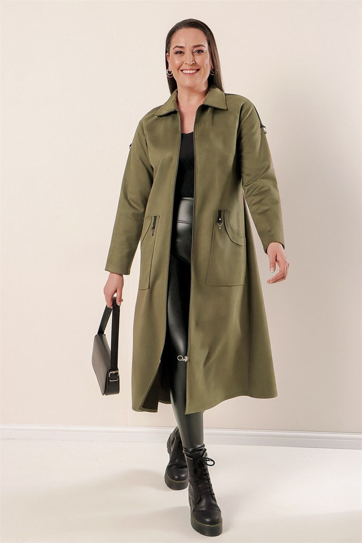 By Sayg Plus Size Suede Coat Khaki with Stripes on the Shoulders