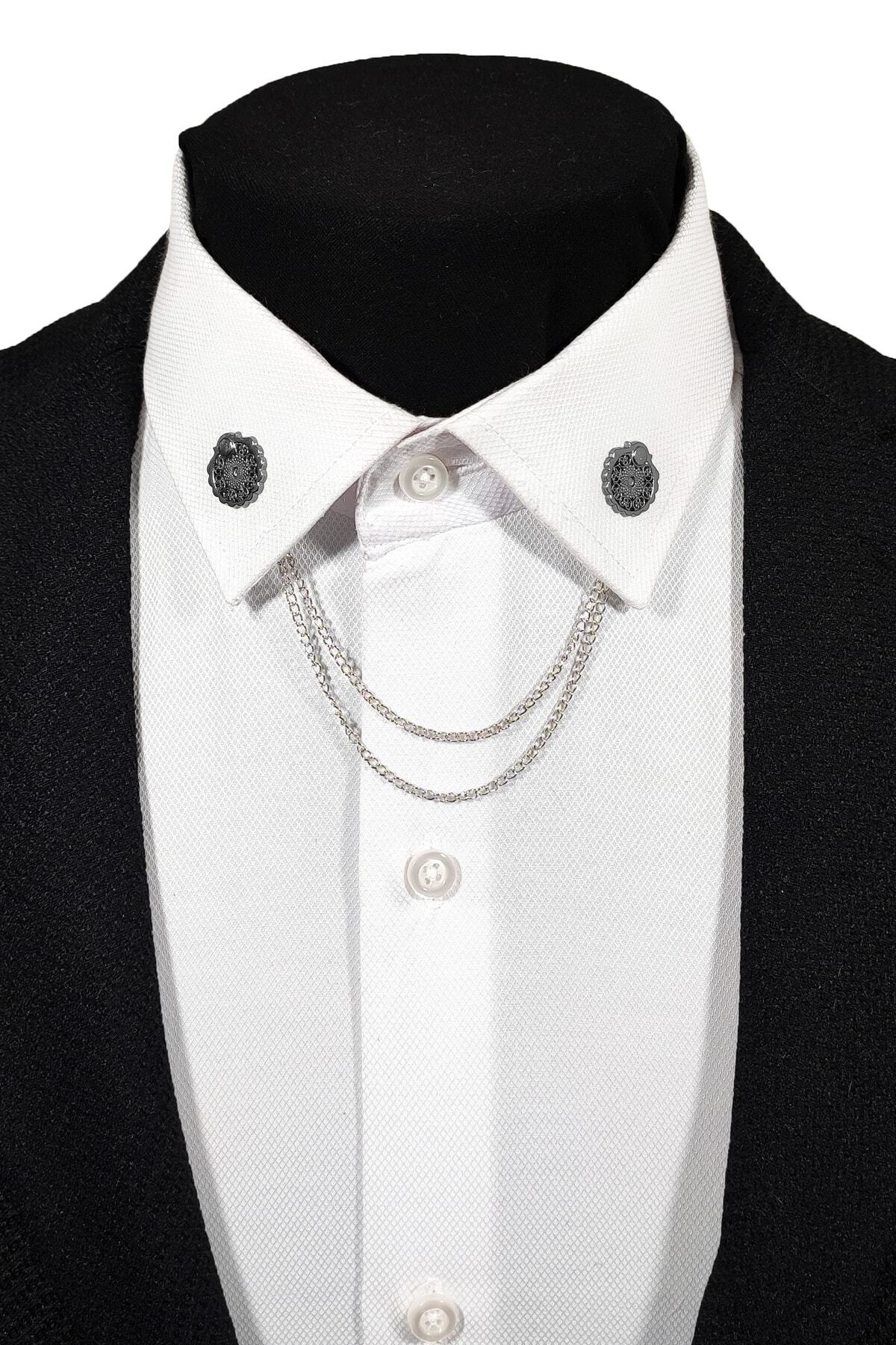  سنجاق/زنجیر یقه پیراهن طرح‌دار خاکستری تیره نقره‌ای