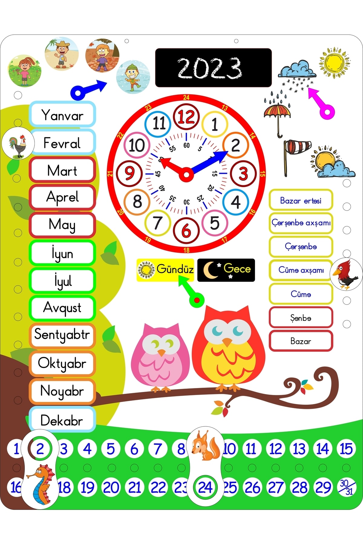 Azerbaijani Calendar Montessori Wooden Color Clock Days Months Seasons Weather Learning