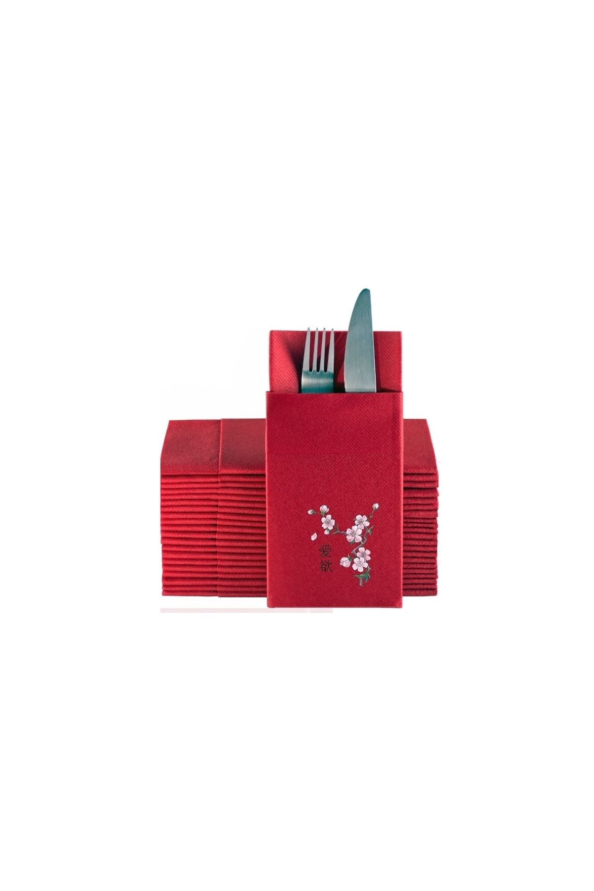 elaia Airlaid Kırmızı Kumaş Dokulu 1/8 Garson Katlama Cepli Pembe Çiçekler & Tutkulu Aşk Baskılı 25 Adet