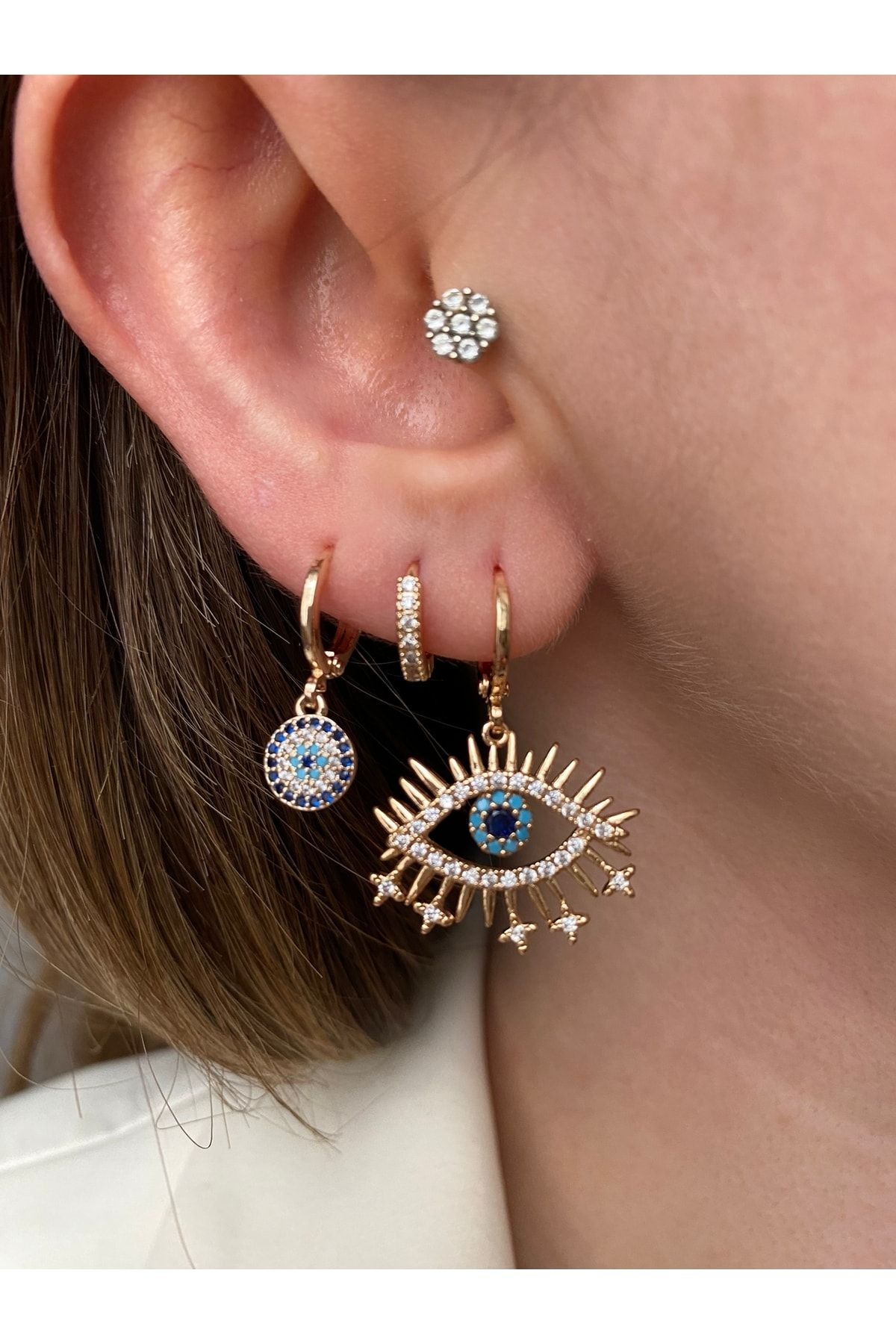 Pinery Jewels Blue Stone Eye 3 Piece Earring Set with Evil Eye