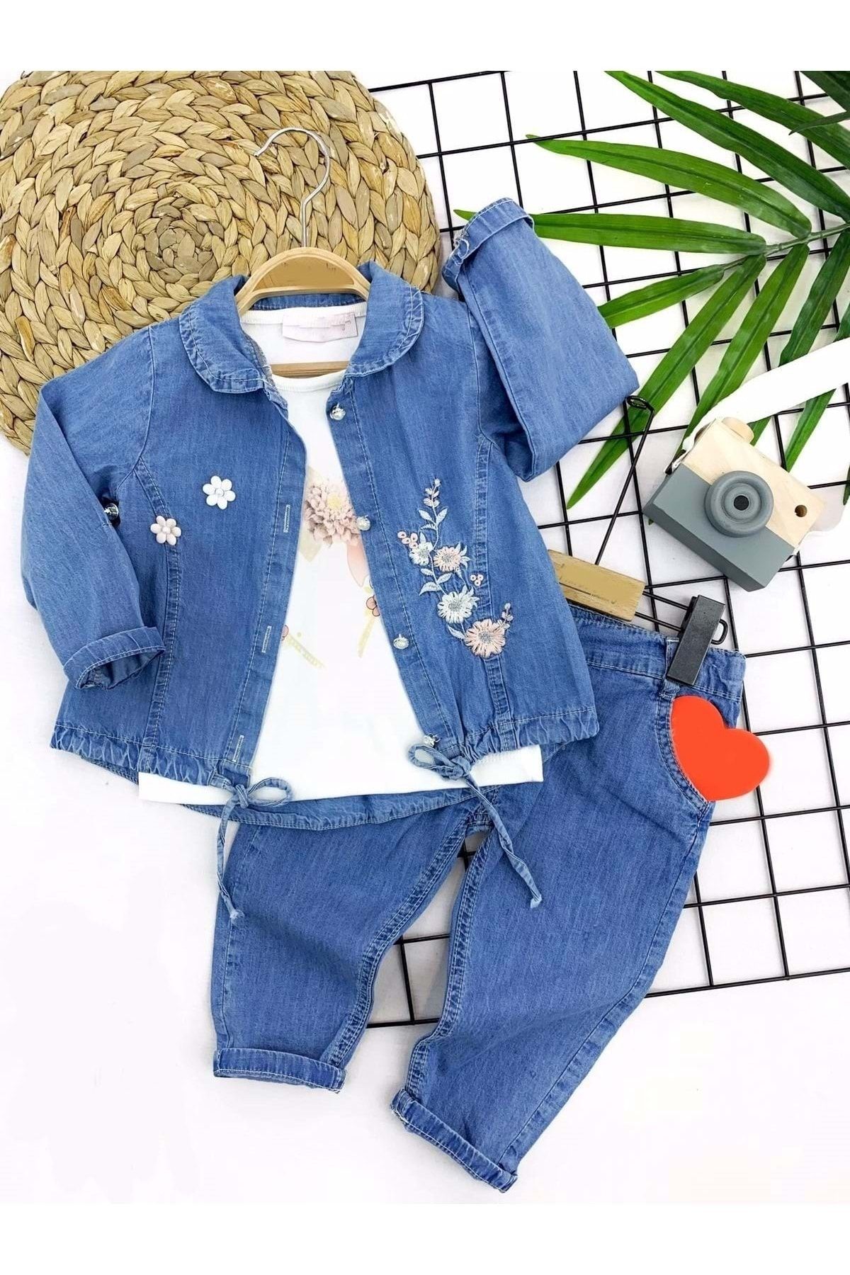 Fermuarlı Kot Ceket Pantolon 3lü Çocuk Takımı