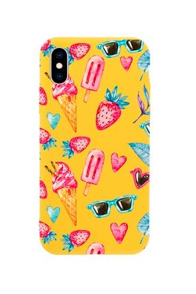Iphone X Summer Çilek Premium Sarı Lansman Silikonlu Kılıf MCIPHXLSMC