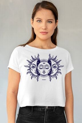 Kadın Beyaz Ay Güneş Kısa, Kesik Crop Top T-shirt 1M1CW275AB