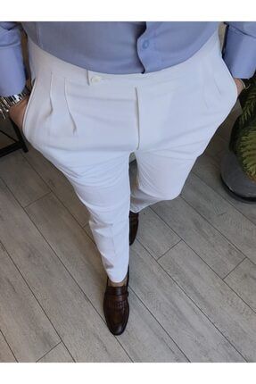Erkek Beyaz Italyan Stil Slim Fit Salopetli Kumaş Pantolon T5264