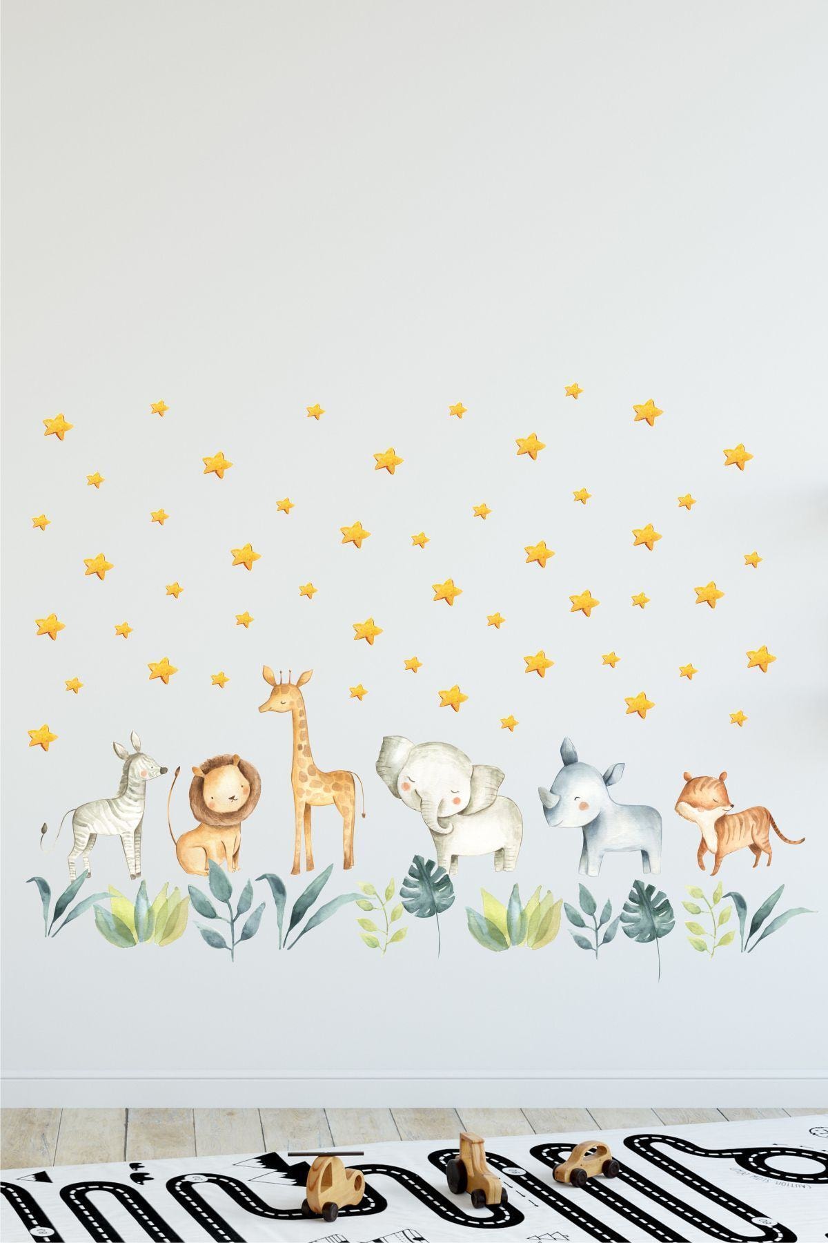 Yellow Star Safari Animals And Leaves Wall Stickers Set