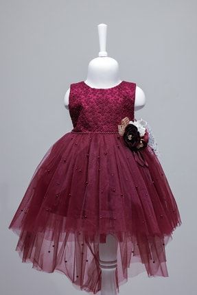 Kız Bebek Bordo Gül Detaylı Tütü Etekli Elbise TM1917 1-5