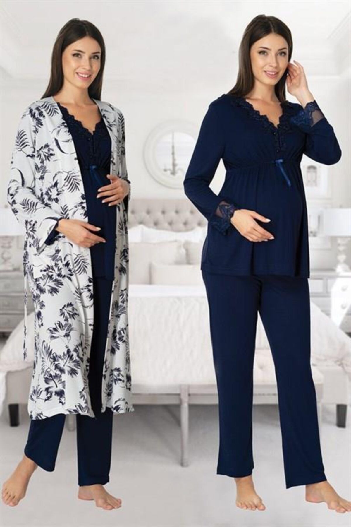 Lohussa Set De Pijamale De Maternitate Cu Mâneci Lungi Și Halate De Toaletă Effort Bleumarin Femeie - 2XL