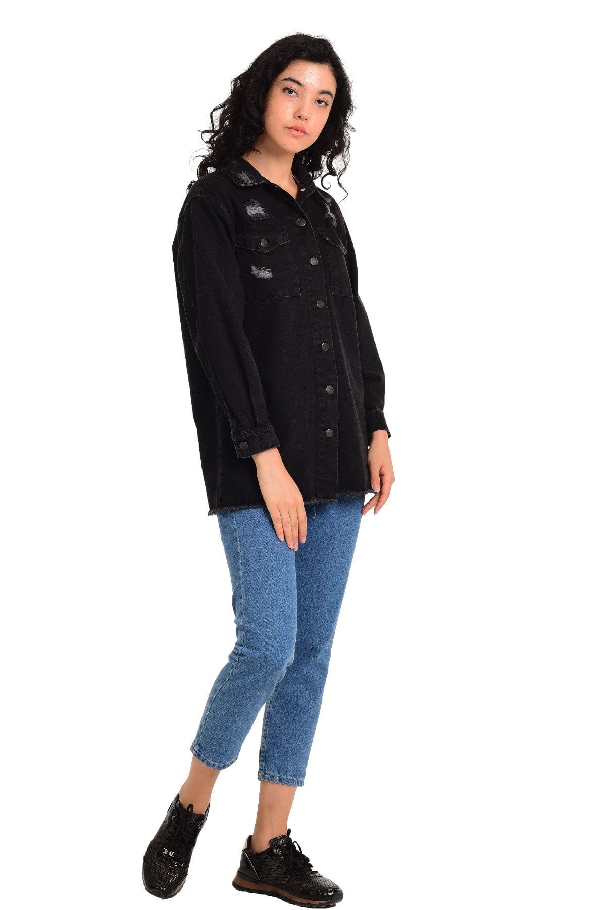 Denim jacket store black ripped
