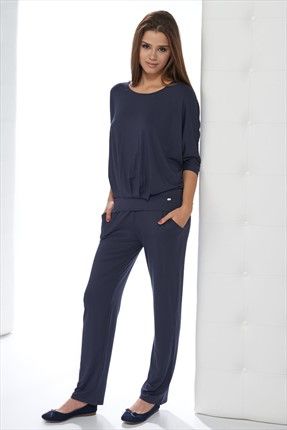 Kadın Lacivert Yarasa Kol Bluz-Pijama Takımı 10024