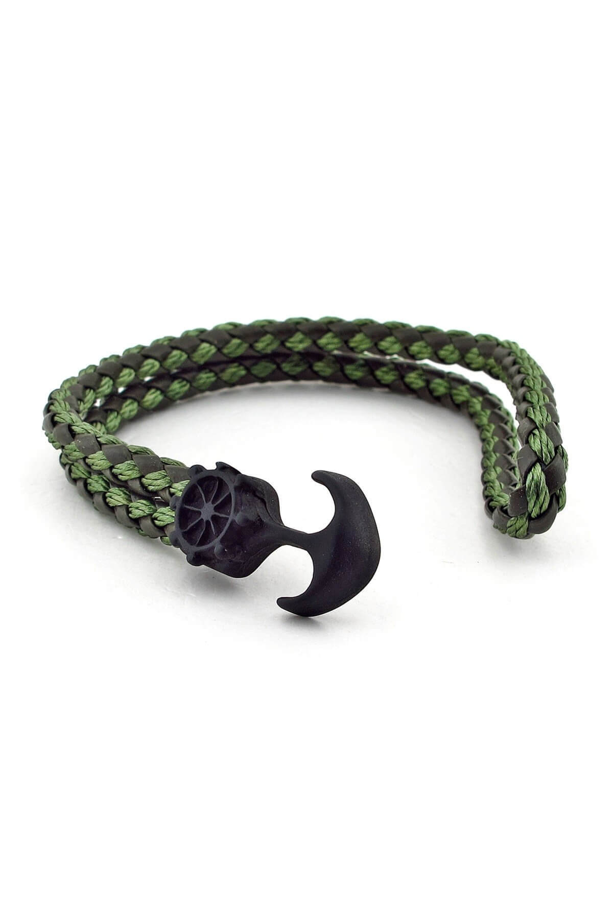 Solfera-Men's Black Anchor Green Braided Leather Bracelet Bt260 2