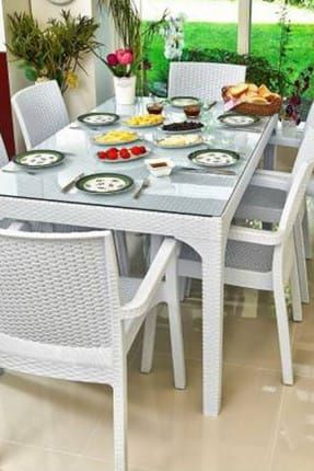 holiday rattan plastik oturma grubu 80x140 camli masa 6 rattan koltuk rattan sehpa hediyeli fiyati yorumlari trendyol