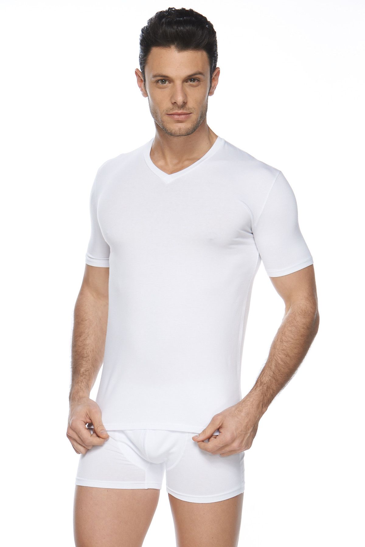 Sevim-Men's White V-Neck Modal T-Shirt 9022 1