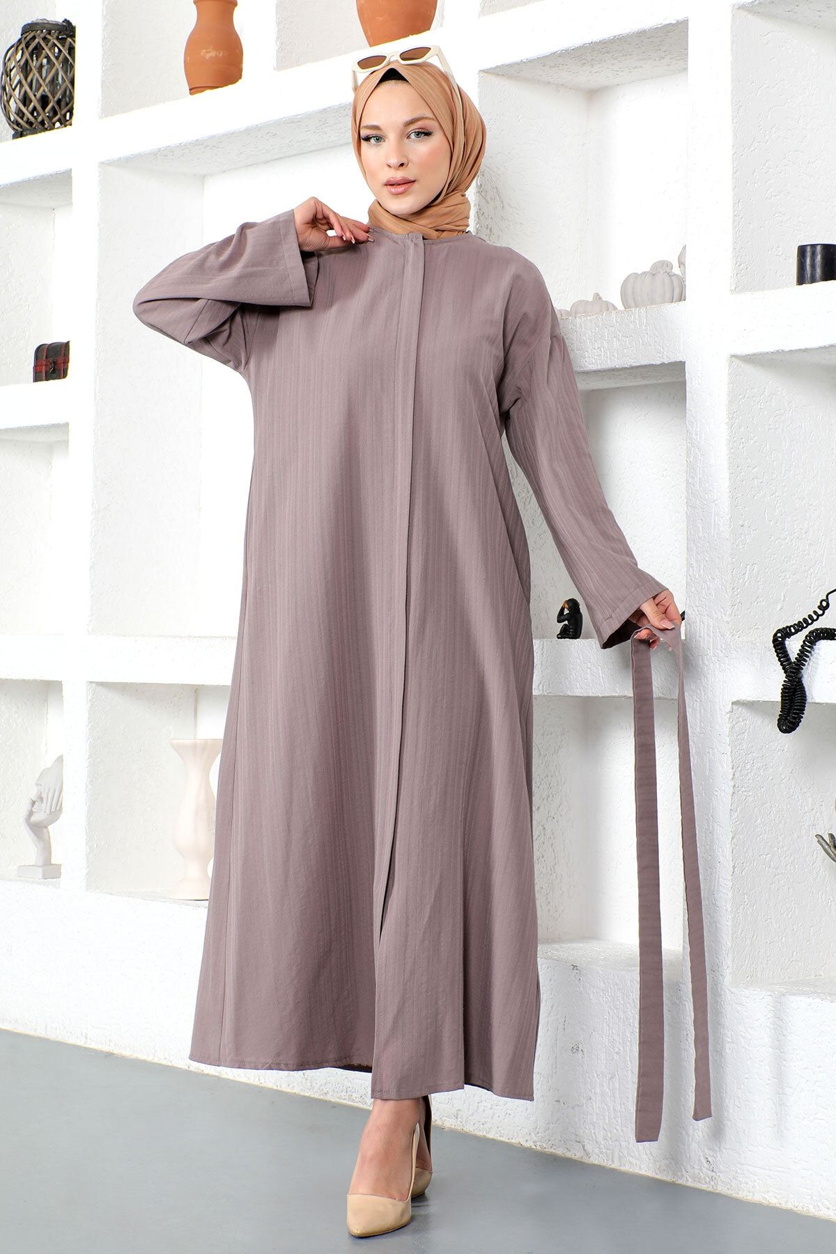 Tesett r D nyas Belted Abaya Tsd230203 Mink Trendyol