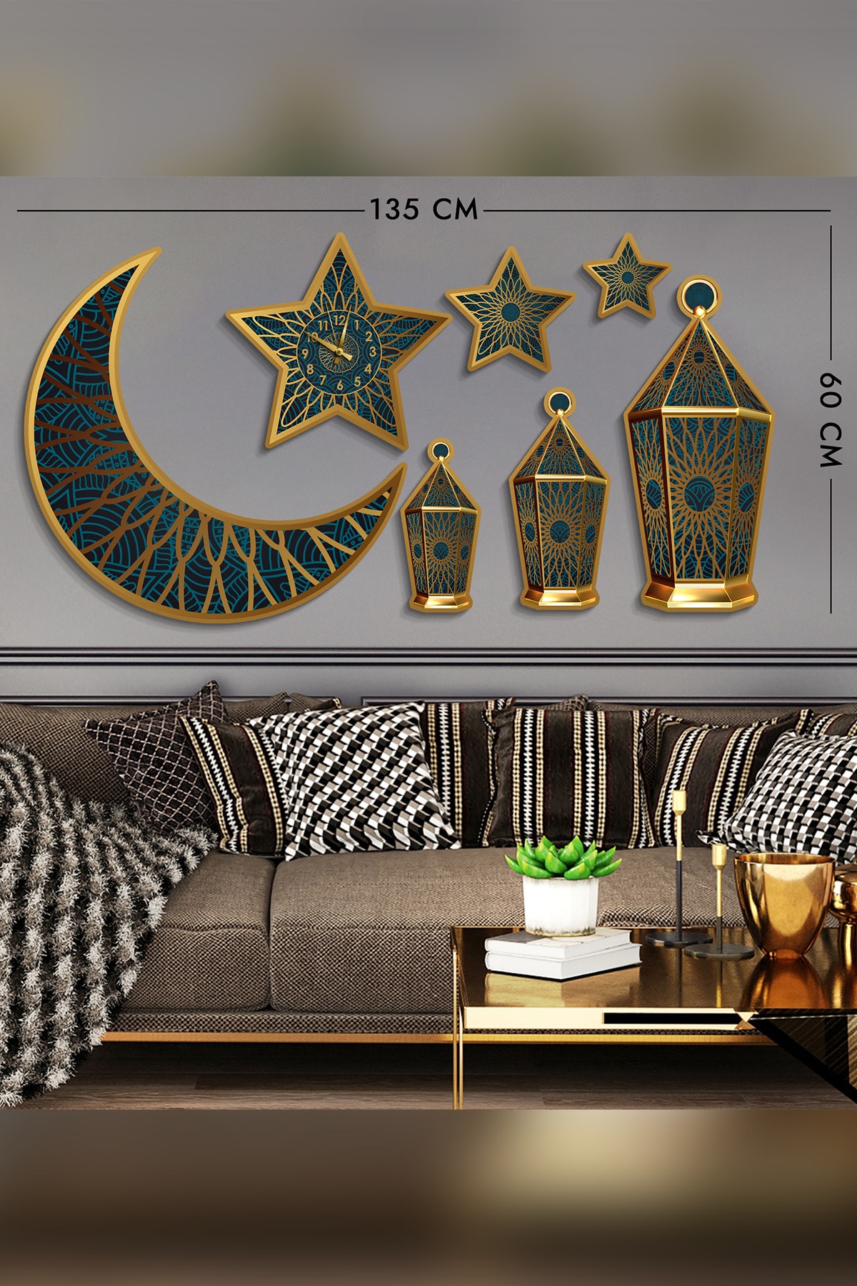 Evinemoda Ramazan Ayı Saatli 7 Parça Gümüş Duvar Dekor Ürünü Tablo Ramadan Kareem