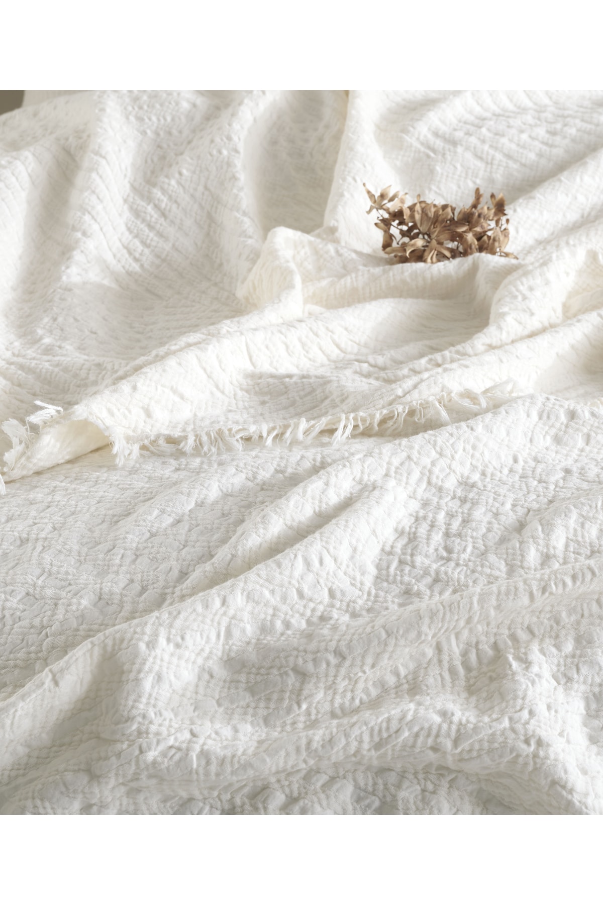 destinyhometex Bej Jakarlı Naturel 4 Katlı Muslin %100 Pamuk Tek Kişillik Yatak Örtüsü/Pike 160x240cm