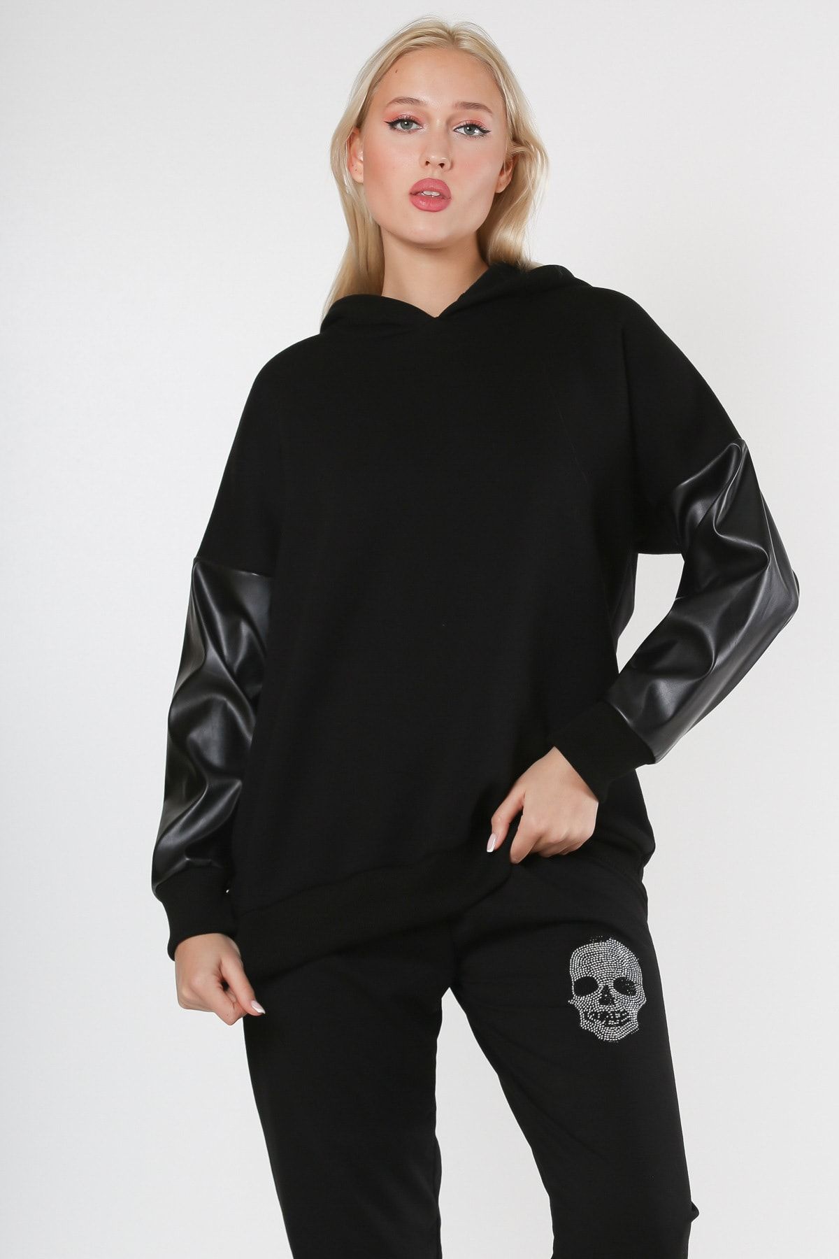 Chiccy-Czarna, skórzana bluza z dzianiny z długim rękawem i kapturem 6
