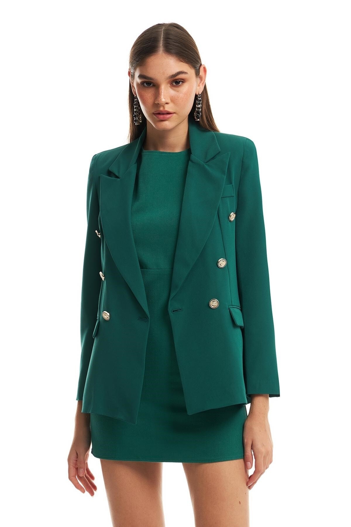 Quzu Düğme Detaylı Blazer Ceket Koyu Yeşil