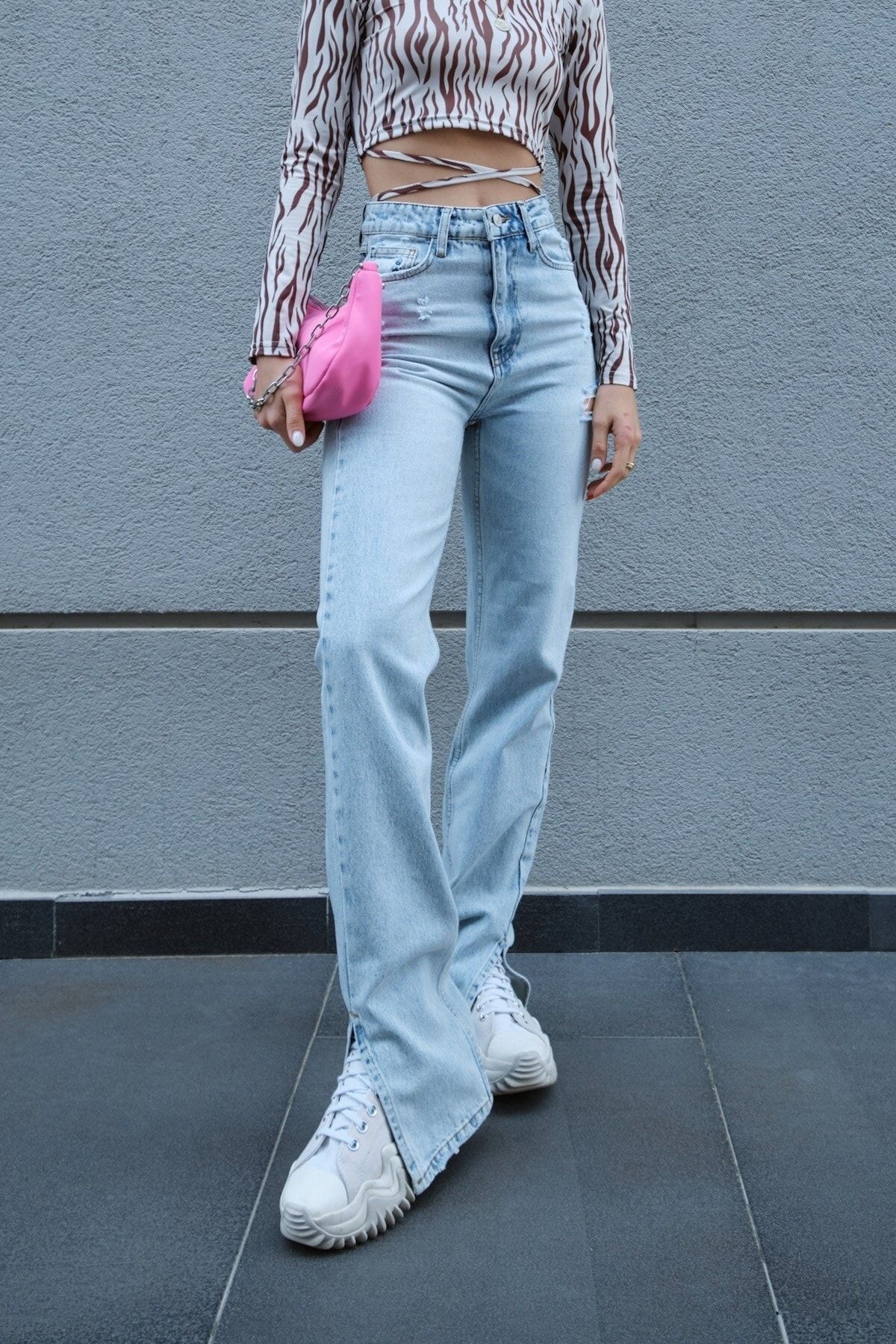 Coral Yırtmaçlı Jeans Mavi