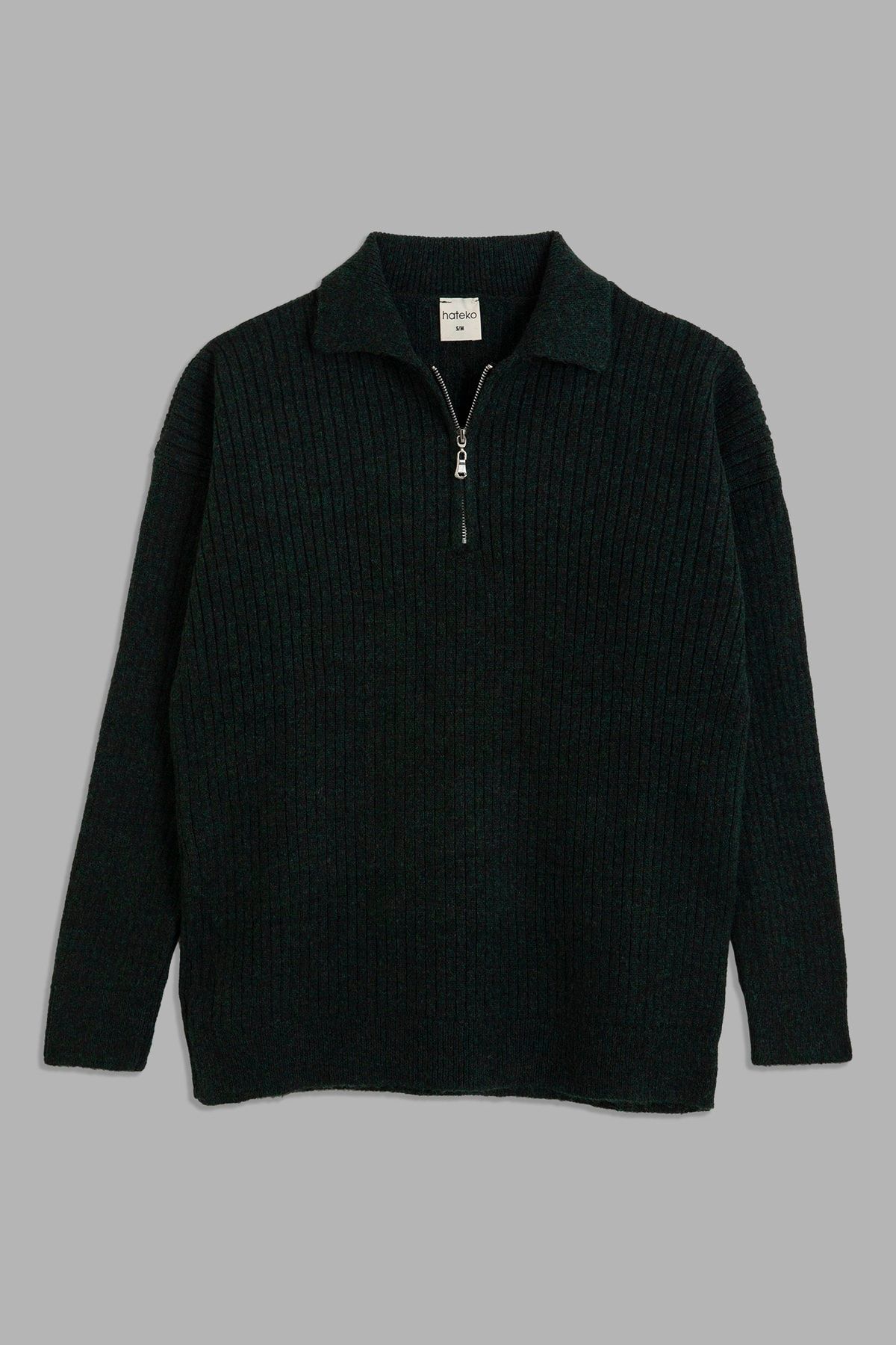 hateko Yeşil Yarım Fermuarlı Oversize Polo Yaka Kazak