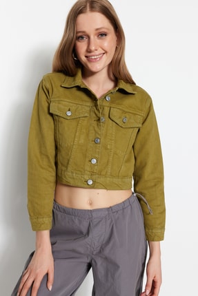 TRENDYOLMİLLA Haki Crop Denim Ceket TWOSS23CE00048