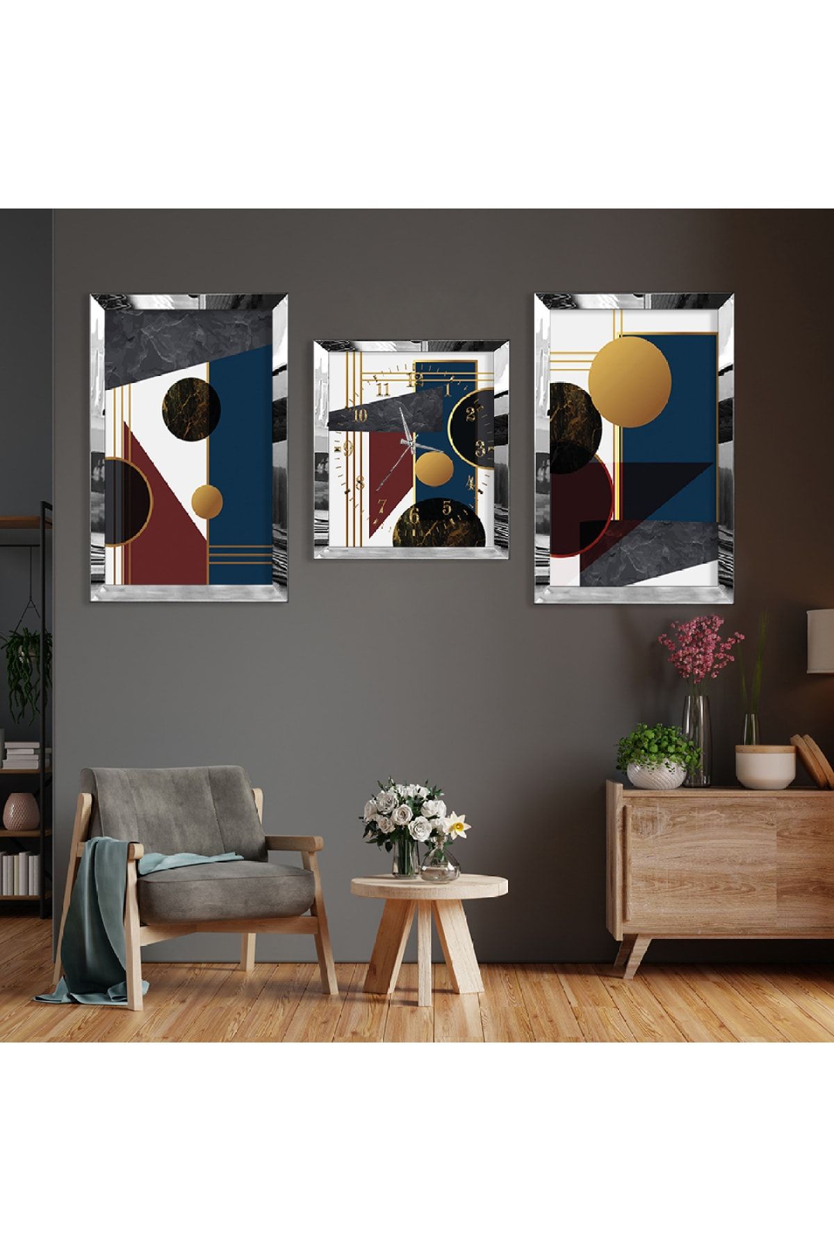 Zevahir Mobilya Dekorasyon-Abstract Pattern Silver Plexi Edge Triple Mdf Table Set and Clock Set 2
