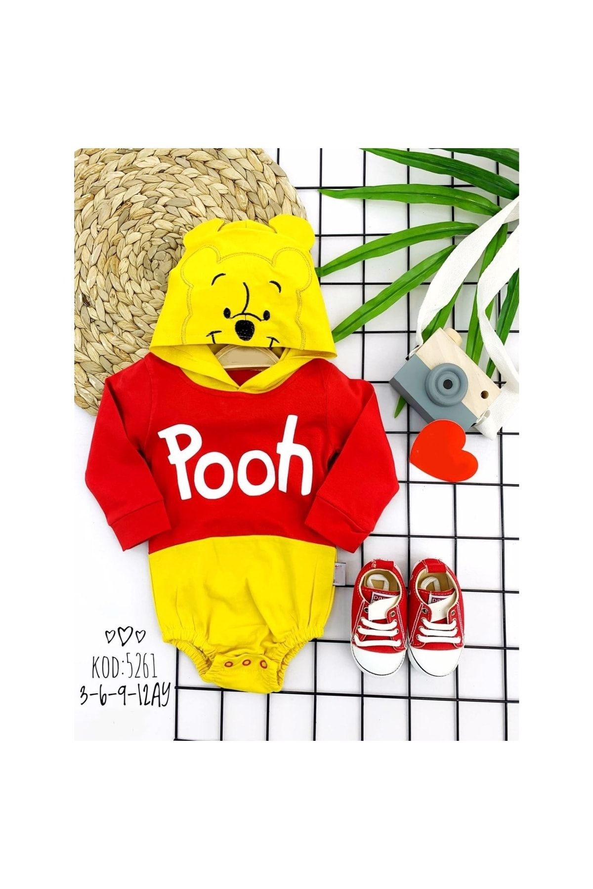 3-6-9-12 Ay Kapşonlu Pooh Desenli Uzun Kollu Kız Erkek Bebek Body Ve Zıbın