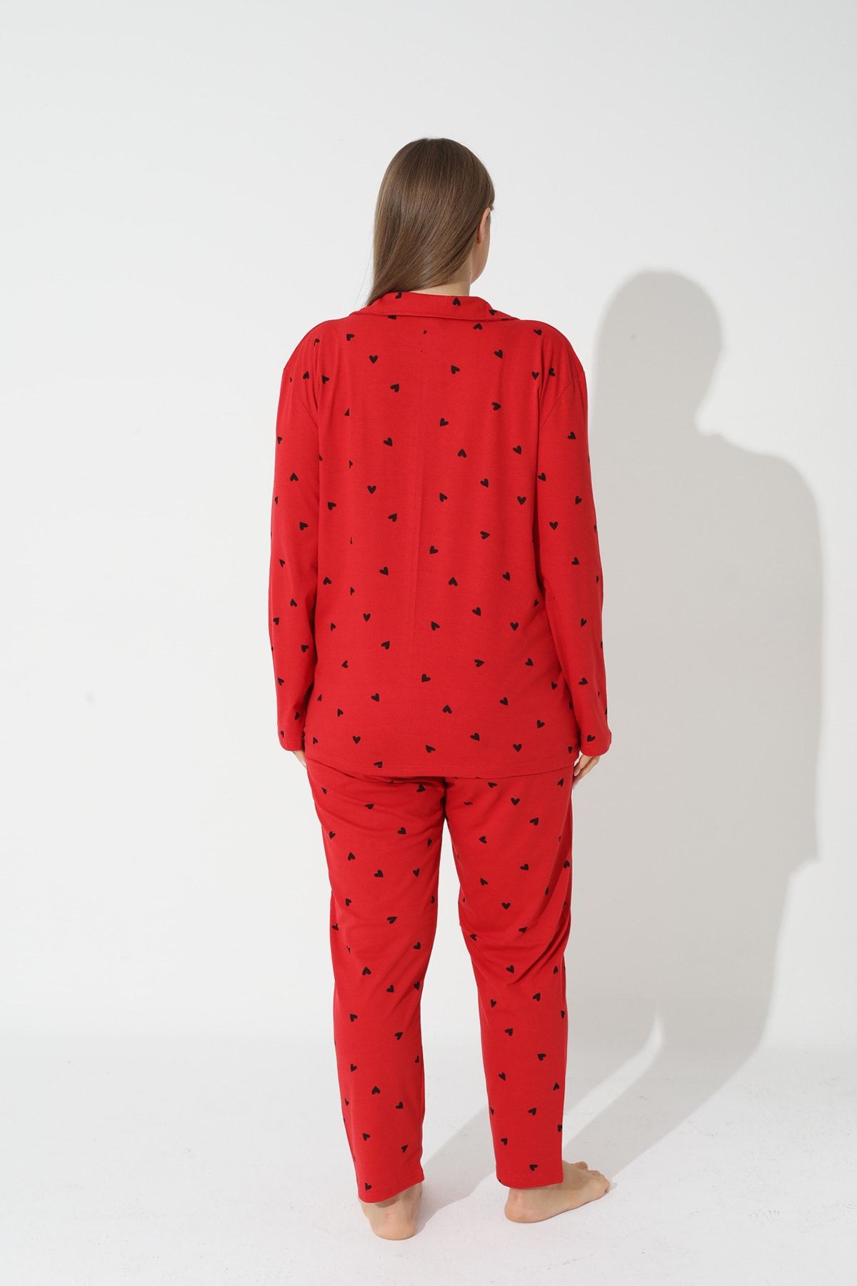Siyah İnci-Red Curve Plus Size Buttoned Cotton Pajama Set 3