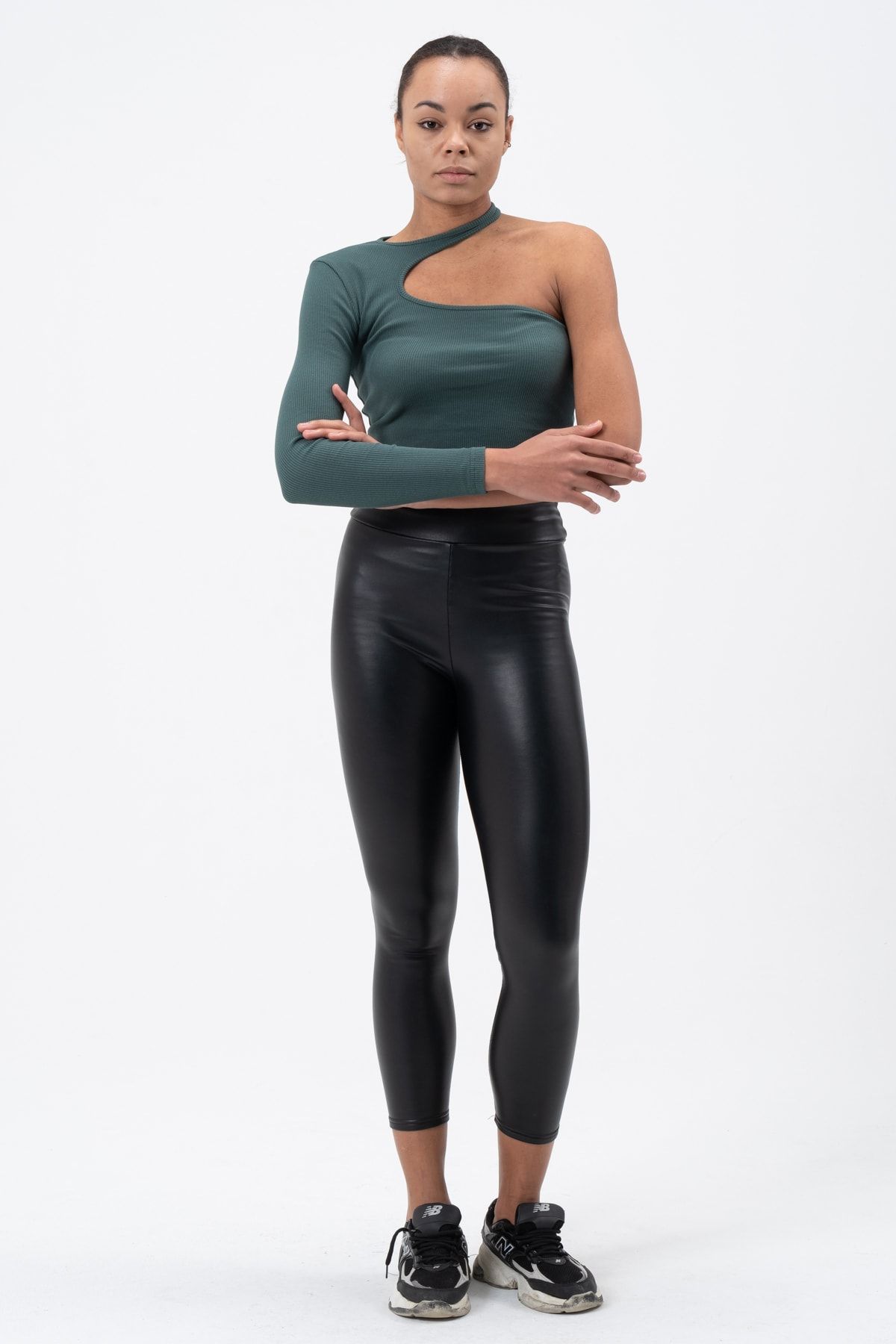 PUNKY CAT-Women's Petrol Green Low-cut Single Sleeve Blouse 8