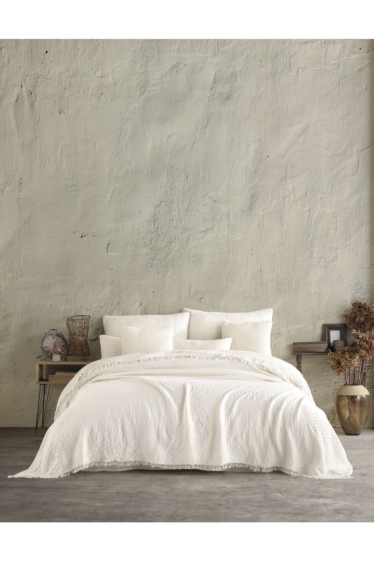 destinyhometex Bej Jakarlı Naturel 4 Katlı Muslin %100 Pamuk Tek Kişillik Yatak Örtüsü/Pike 160x240cm