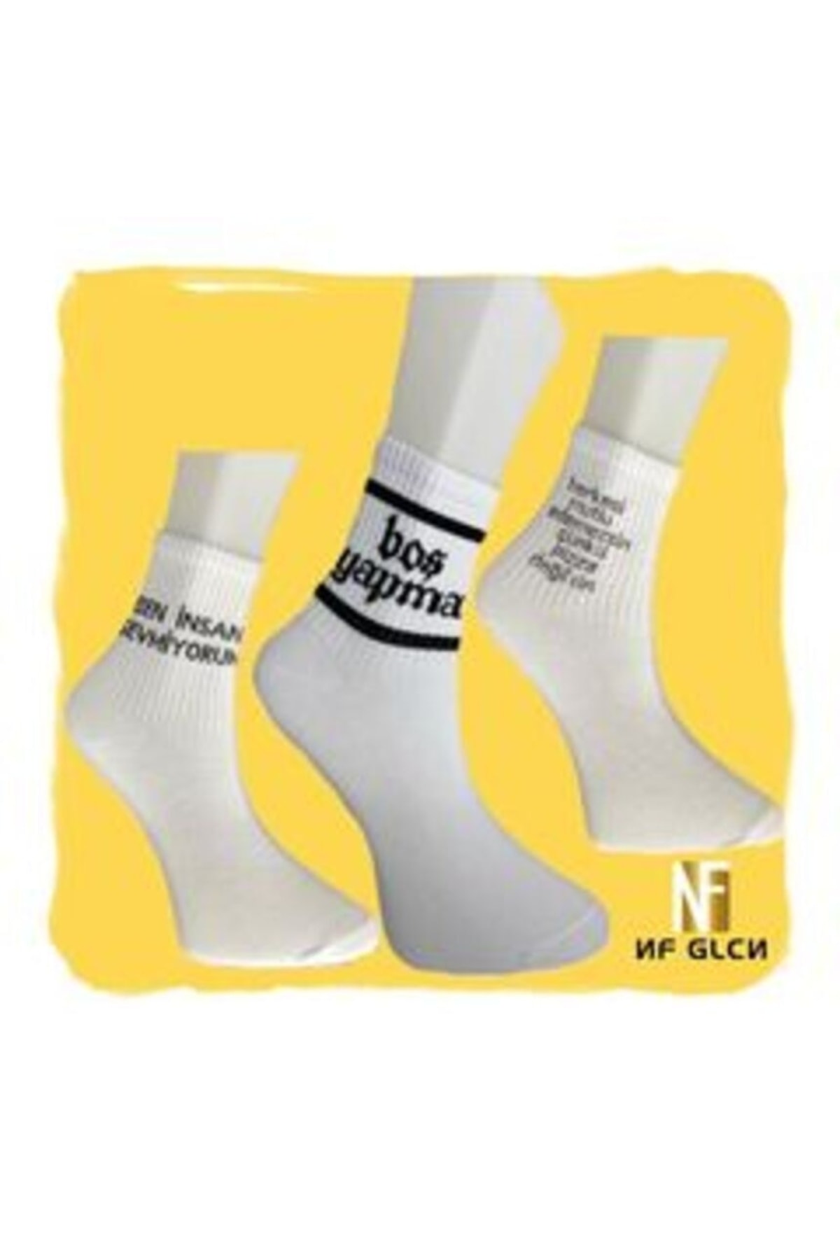 NF GLCN Nf-glcn Beyaz Kısa Kolej Çoraplar (YAZILI)