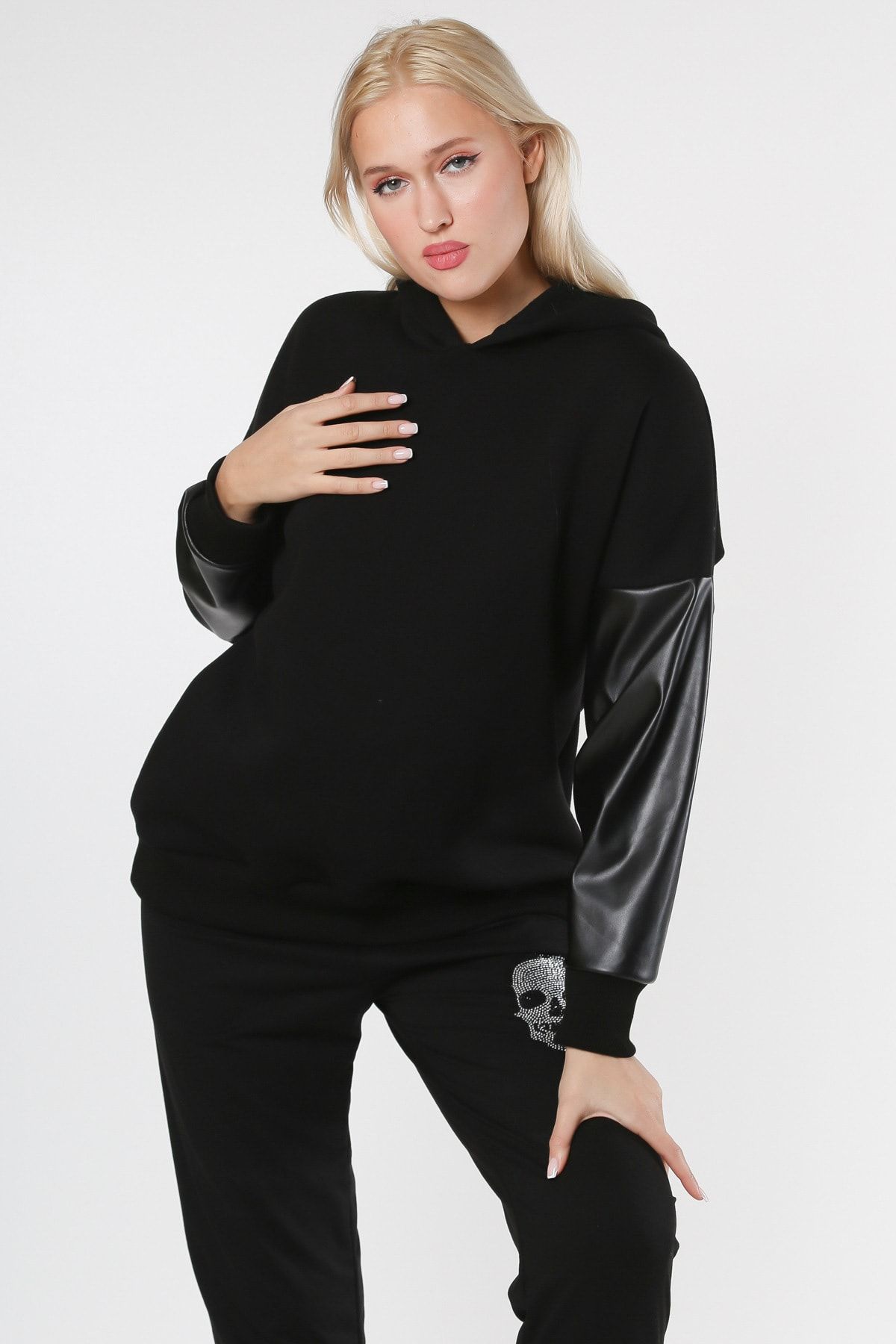 Chiccy-Czarna, skórzana bluza z dzianiny z długim rękawem i kapturem 5