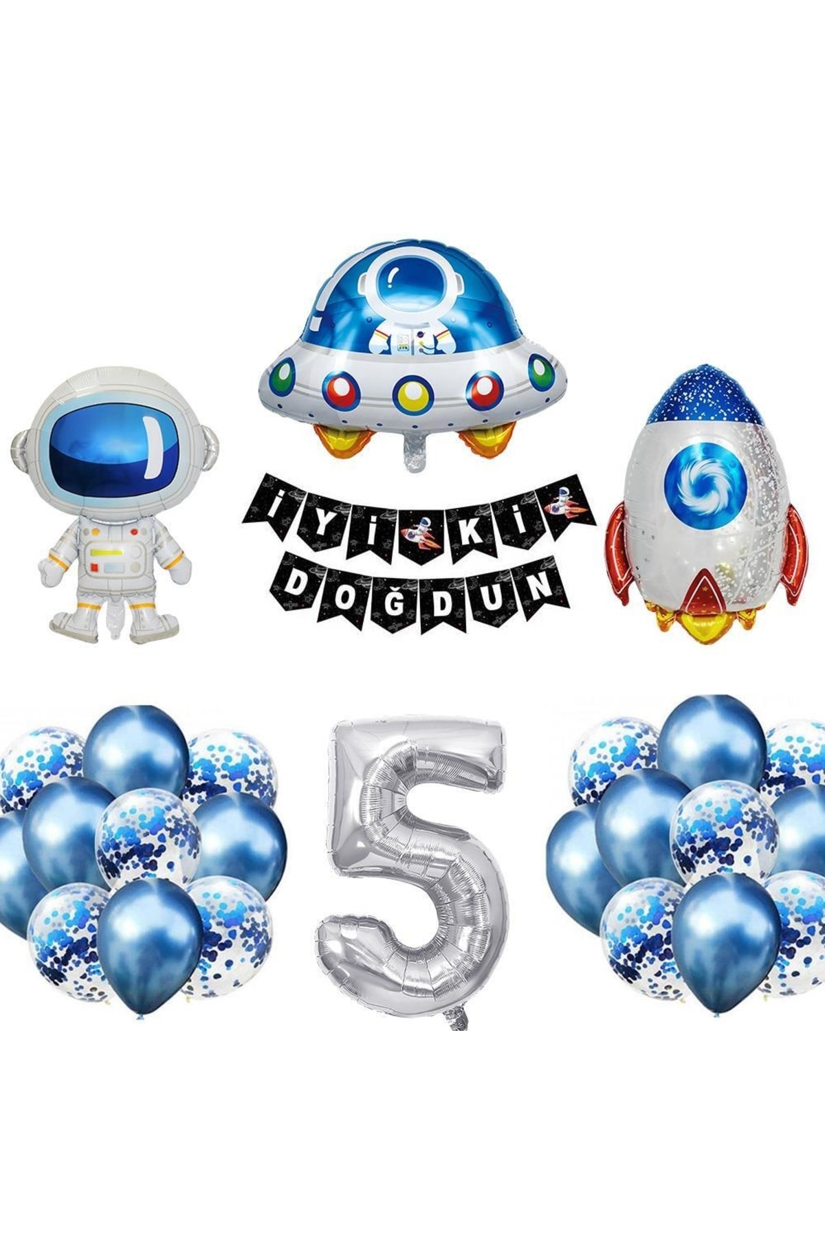 Patladı Gitti Uzay Konsepti 5 Yaş Doğum Günü Parti Kutlama Seti; Astronot, Ufo Ve Uzay Gemisi Folyo Balon Set