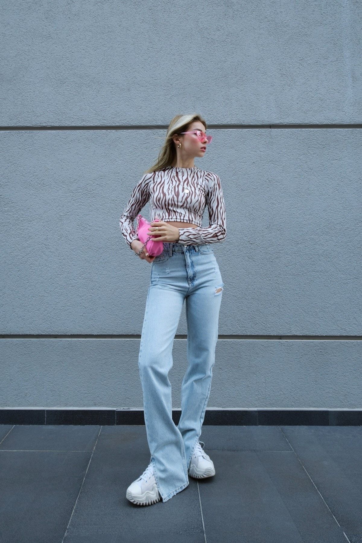 Coral Yırtmaçlı Jeans Mavi