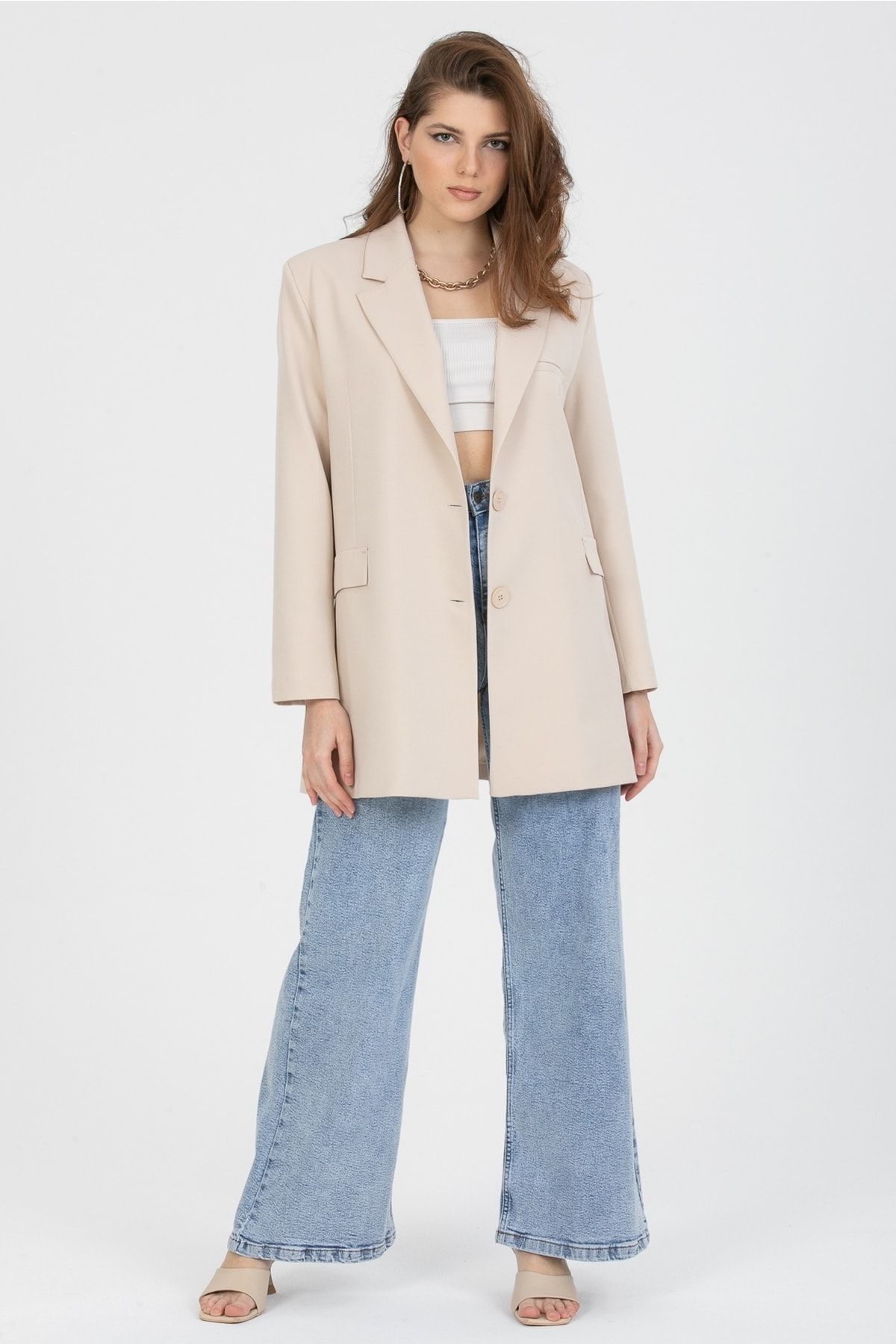 MD trend Women s Beige Classic Blazer Jacket