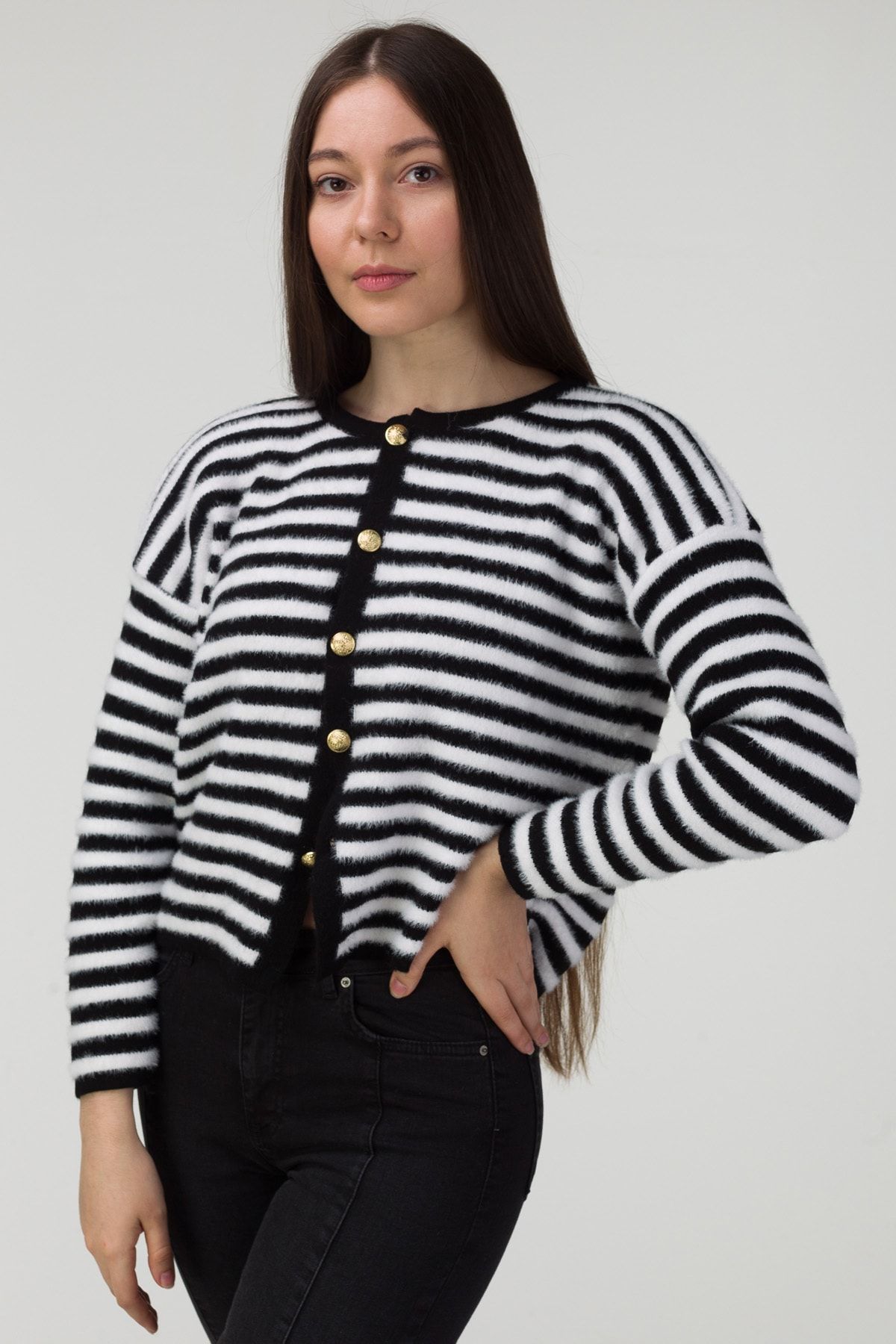 MODAGEN Women s Striped Gold Button Bearded Black and White Cardigan Sweater