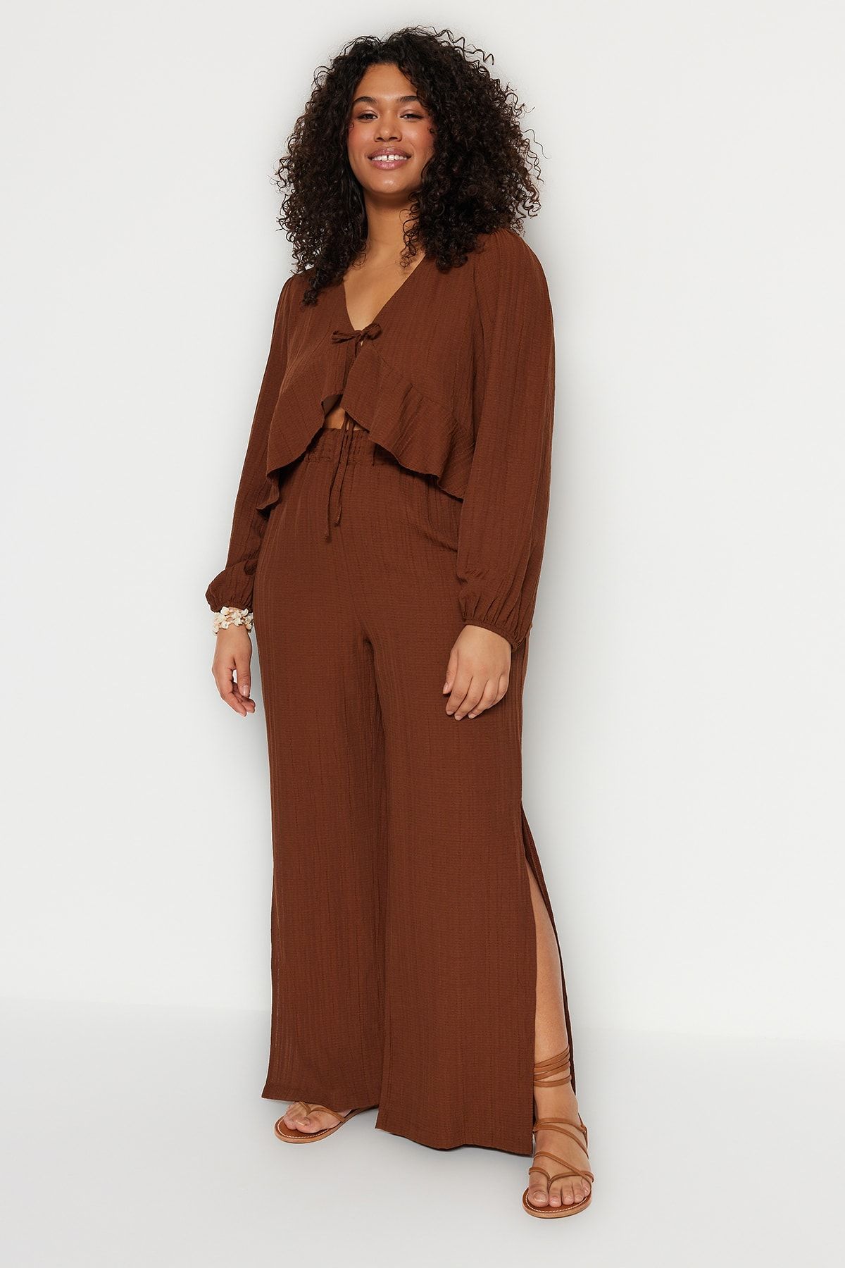 Trendyol Curve Brown Slit Detailed Plus Size Beach Pants