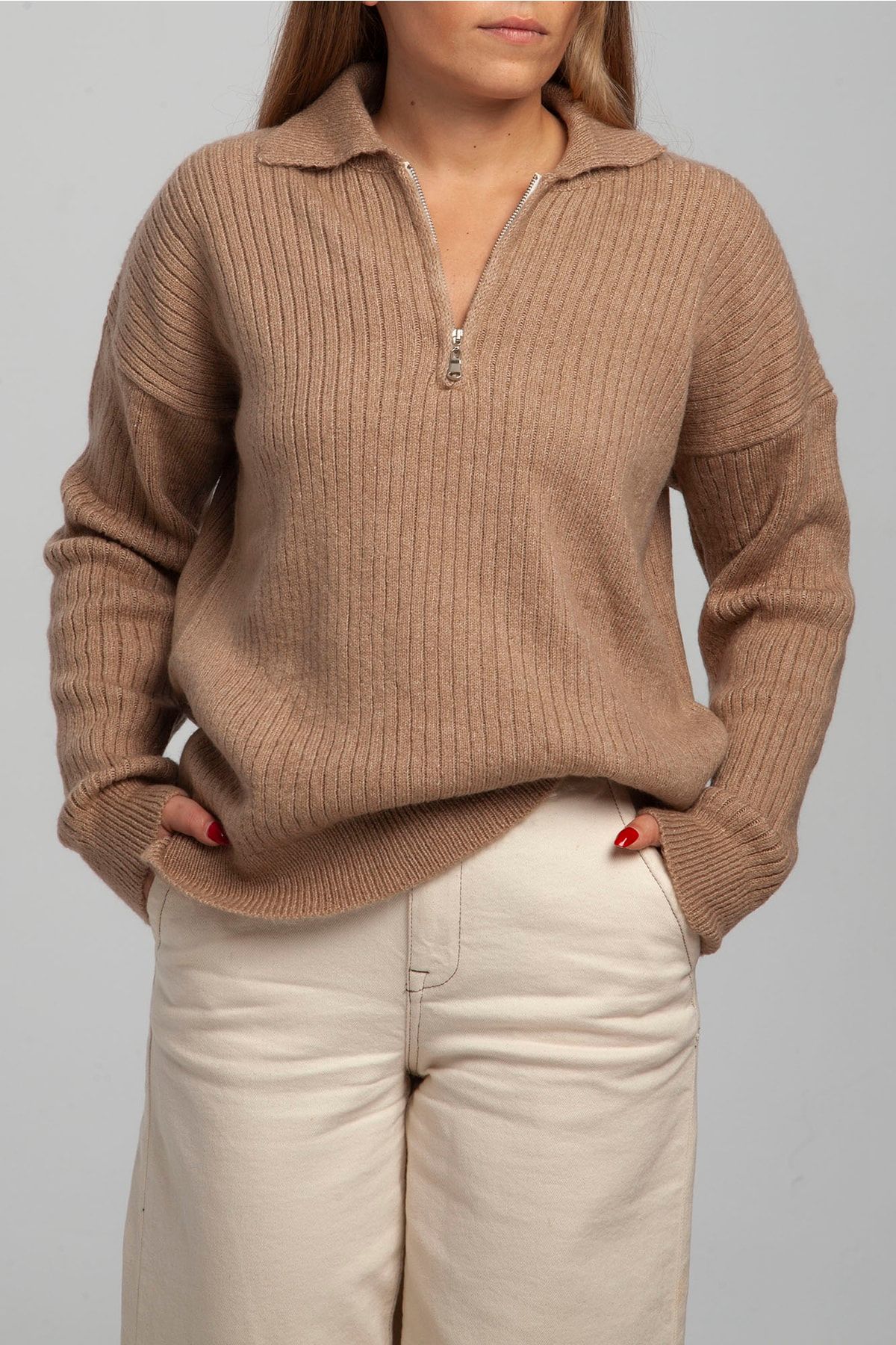 summer people Camel Hair Half Zip Oversize Polo Neck Sweater