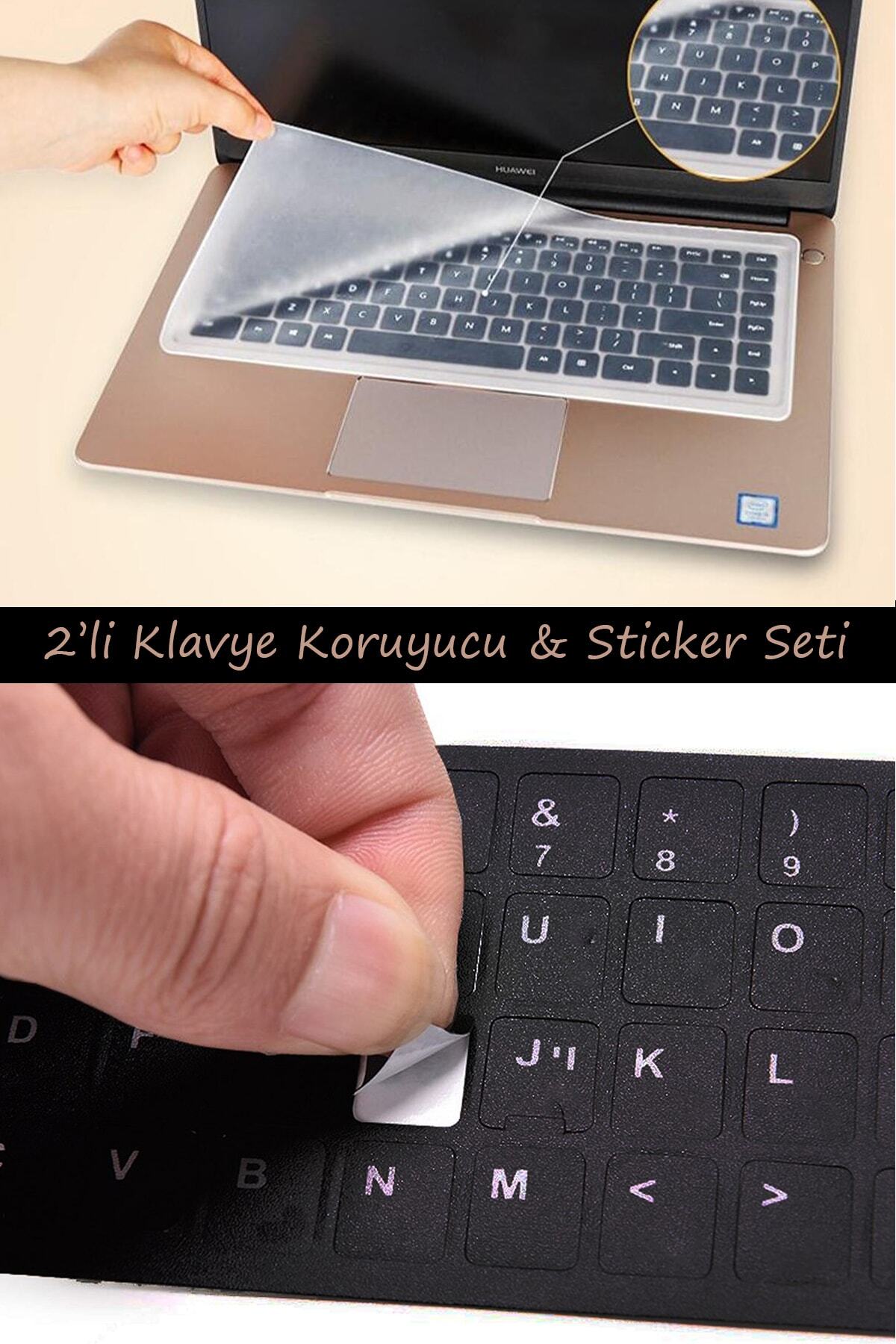Sekiz8 2'li Set Şeffaf Silikon Notebook Klavye Koruyucu & Klavye Sticker Seti Siyah