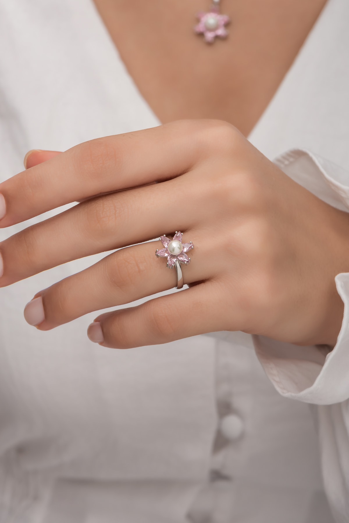 Incili Lotus Pembe Taşlı Rodaj Yüzük 925 Ayar Gümüş 3