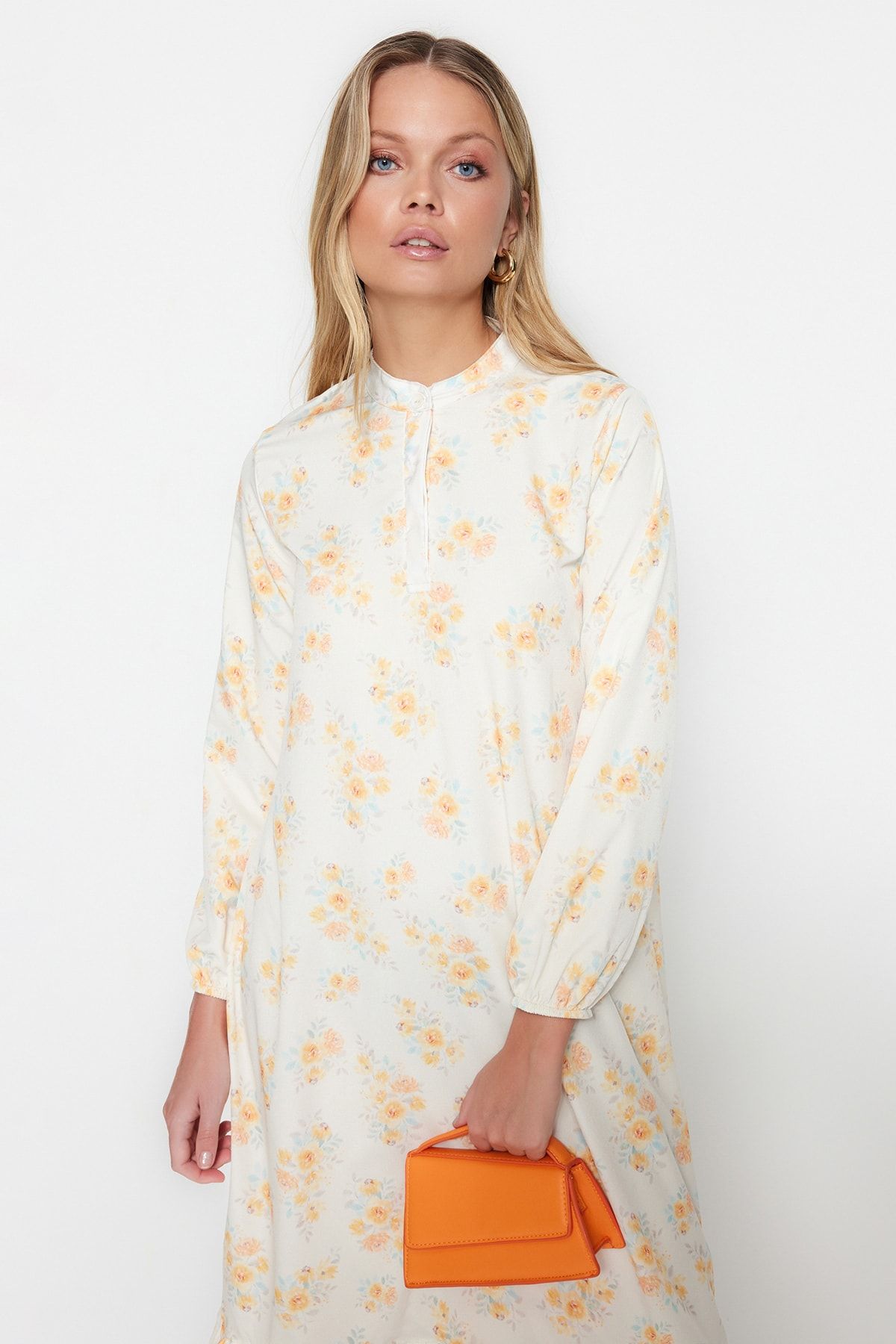 Trendyol Modest-Помаранчева квітчаста спідниця на півпальто з оборками на підкладці з тканого полотна TCTSS21EL3353 3